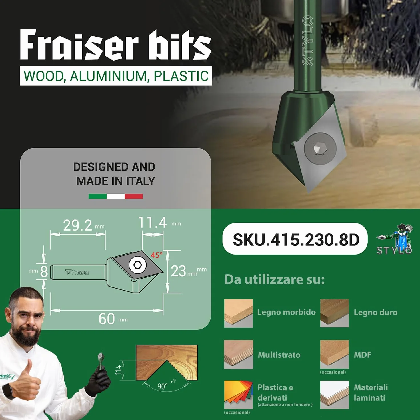 Fraiser Stylo - fresa a V multifunzione con coltellino reversibile per incidere, smussare a 45° e scanalature a 90° su legno, derivati e plastiche, gambo 8 mm, per CNC e fresatrice verticale
