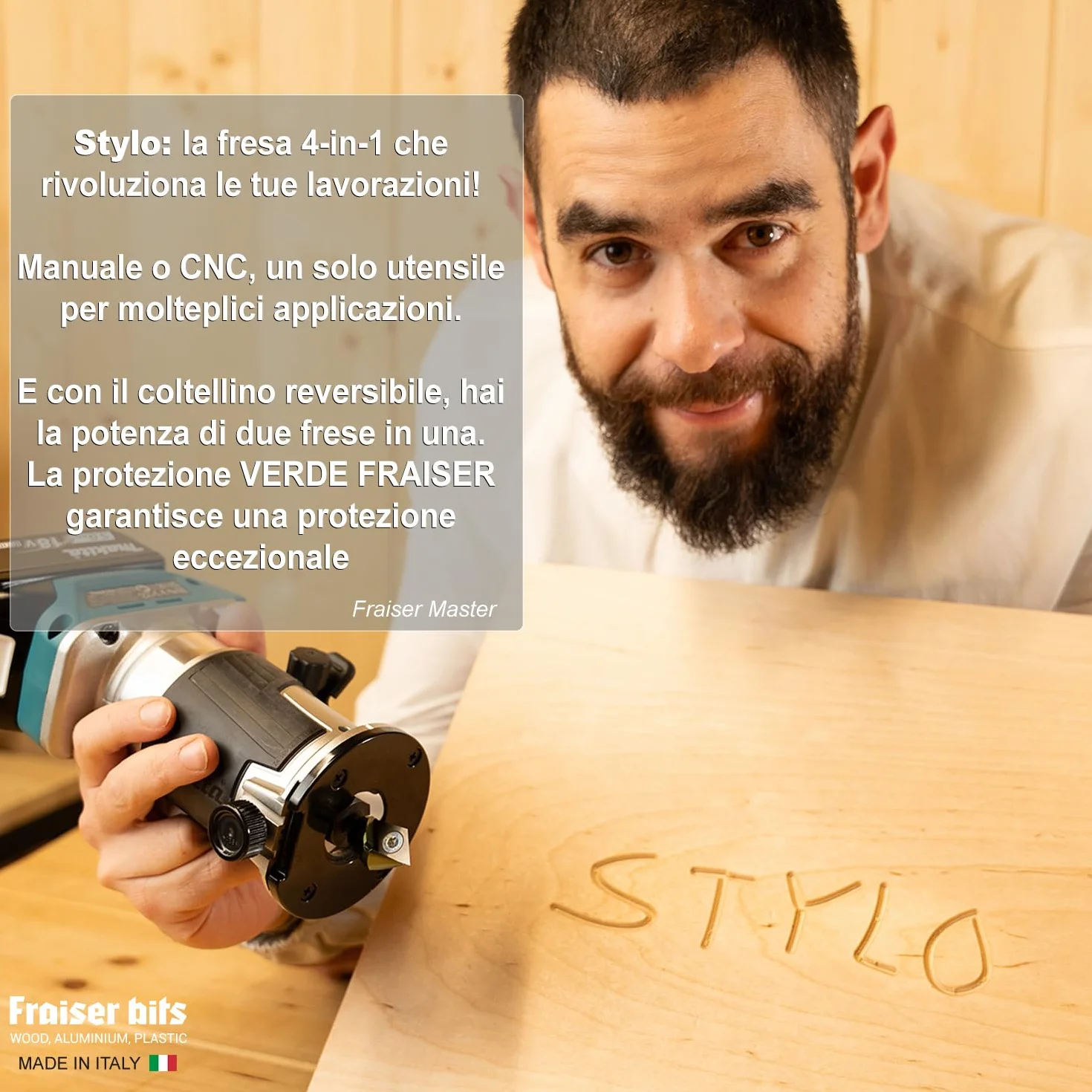 Fraiser Stylo - fresa a V multifunzione con coltellino reversibile per incidere, smussare a 45° e scanalature a 90° su legno, derivati e plastiche, gambo 8 mm, per CNC e fresatrice verticale