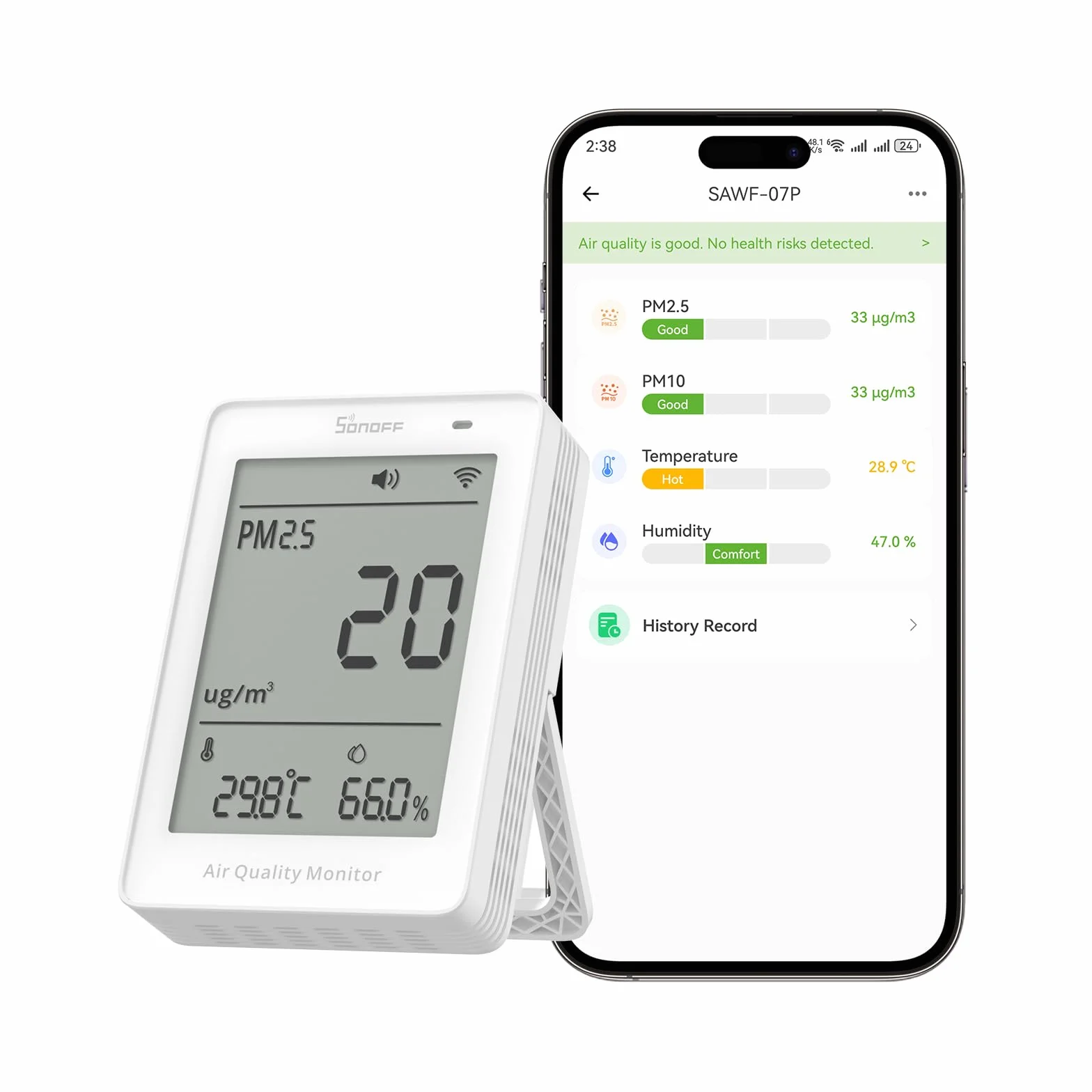 SONOFF Monitoraggio intelligente della qualità dell'aria PM2.5 PM10 Temperatura Umidità Display Allarme