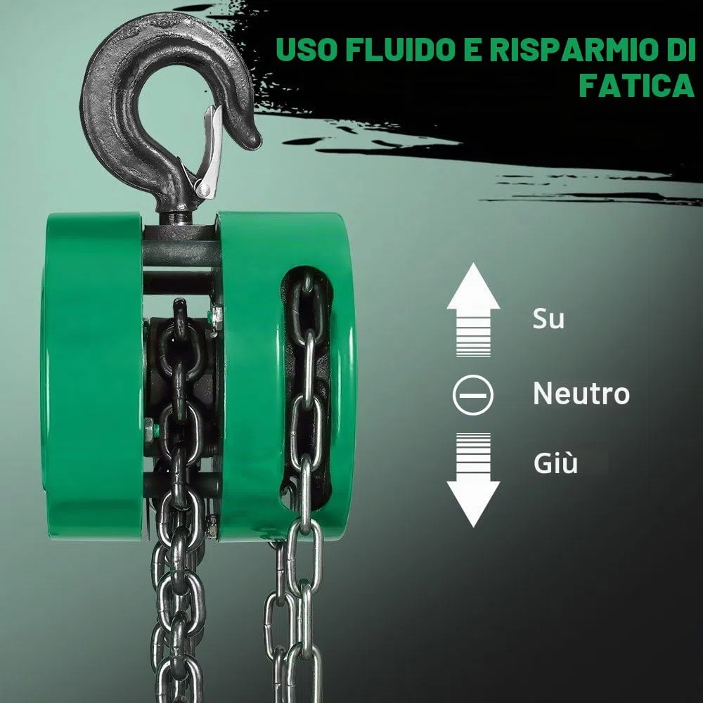 Paranco a Catena Manuale con Gancio Robusto STANEW, Altezza di Sollevamento 6,0 m, Verde,Doppia Catena di Carico,G80,Gancio di Sollevamento con Sicurezza (1 tonnellata 6,0 m)