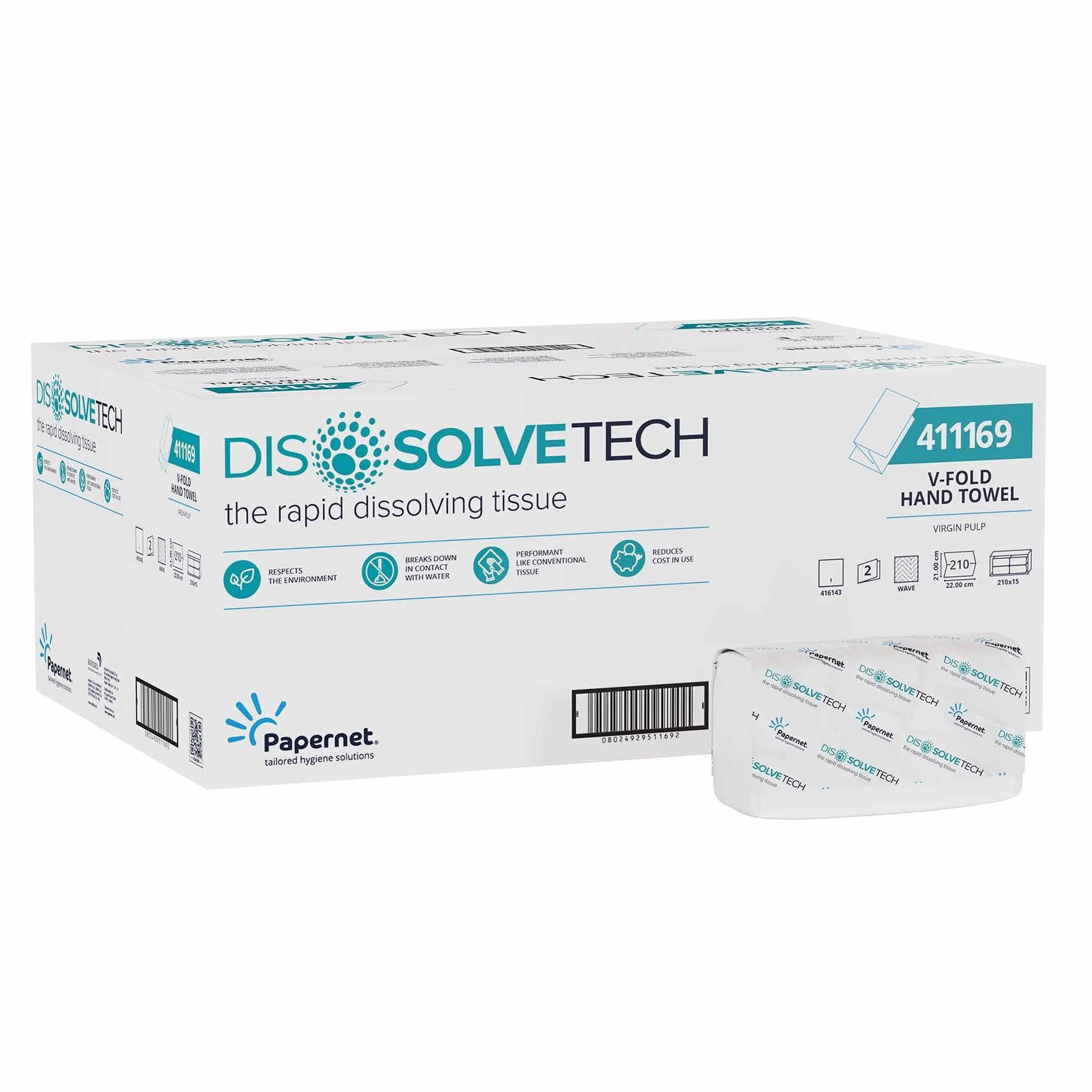 Papernet Dissolve Tech Asciugamano Piegato a V 411169 3.150 Asciugamani Carta Cellulosa Biodegradabile 2 Veli 22x10,5cm