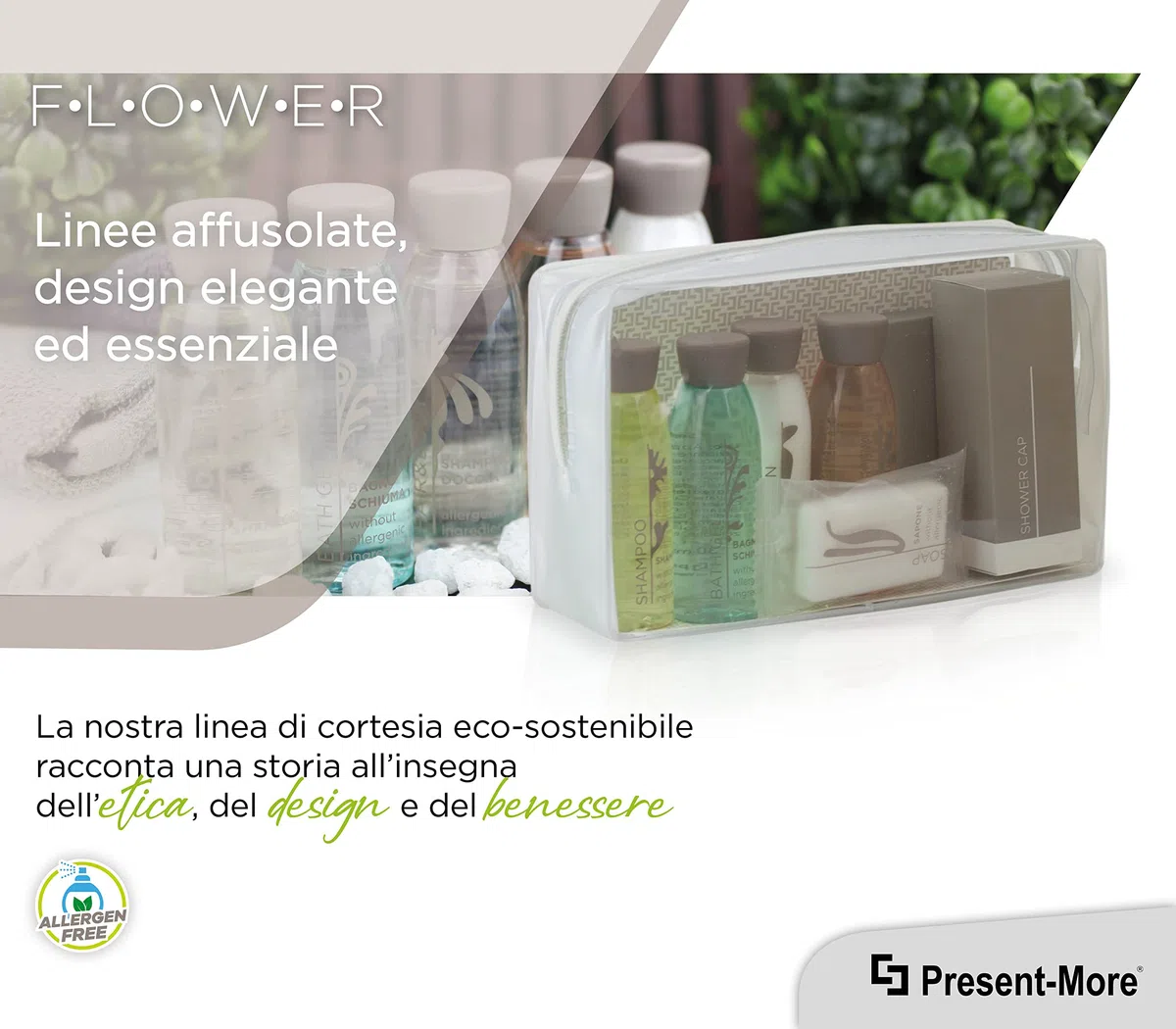 PRESENT-MORE - Set Cortesia 12 Ospiti Flower - Fragranza Tè Verde - Contiene: Shampoo, Gel Doccia, Crema, Gel Intimo, Sapone e Accessori - Per Hotel e B&B