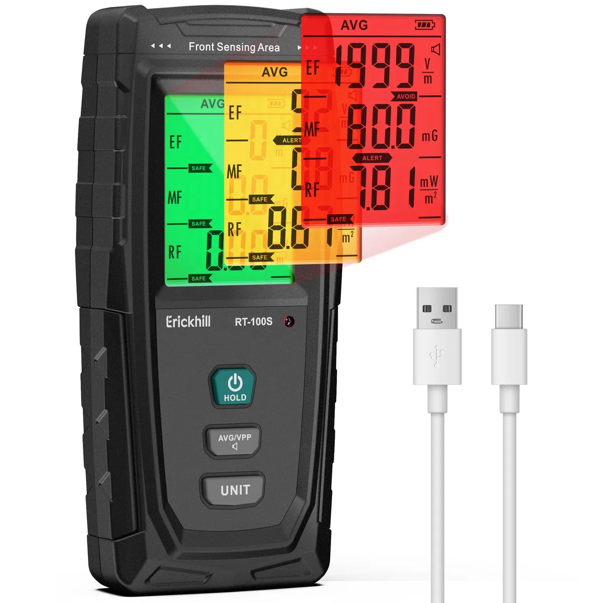 ERICKHILL EMF Meter RT-100S, test EF/MF/RF, champ magnétique rechargeable, détecteur de rayonnement numérique/graphique à double interface, écran LCD numérique, pour la maison, le bureau, l'extérieur