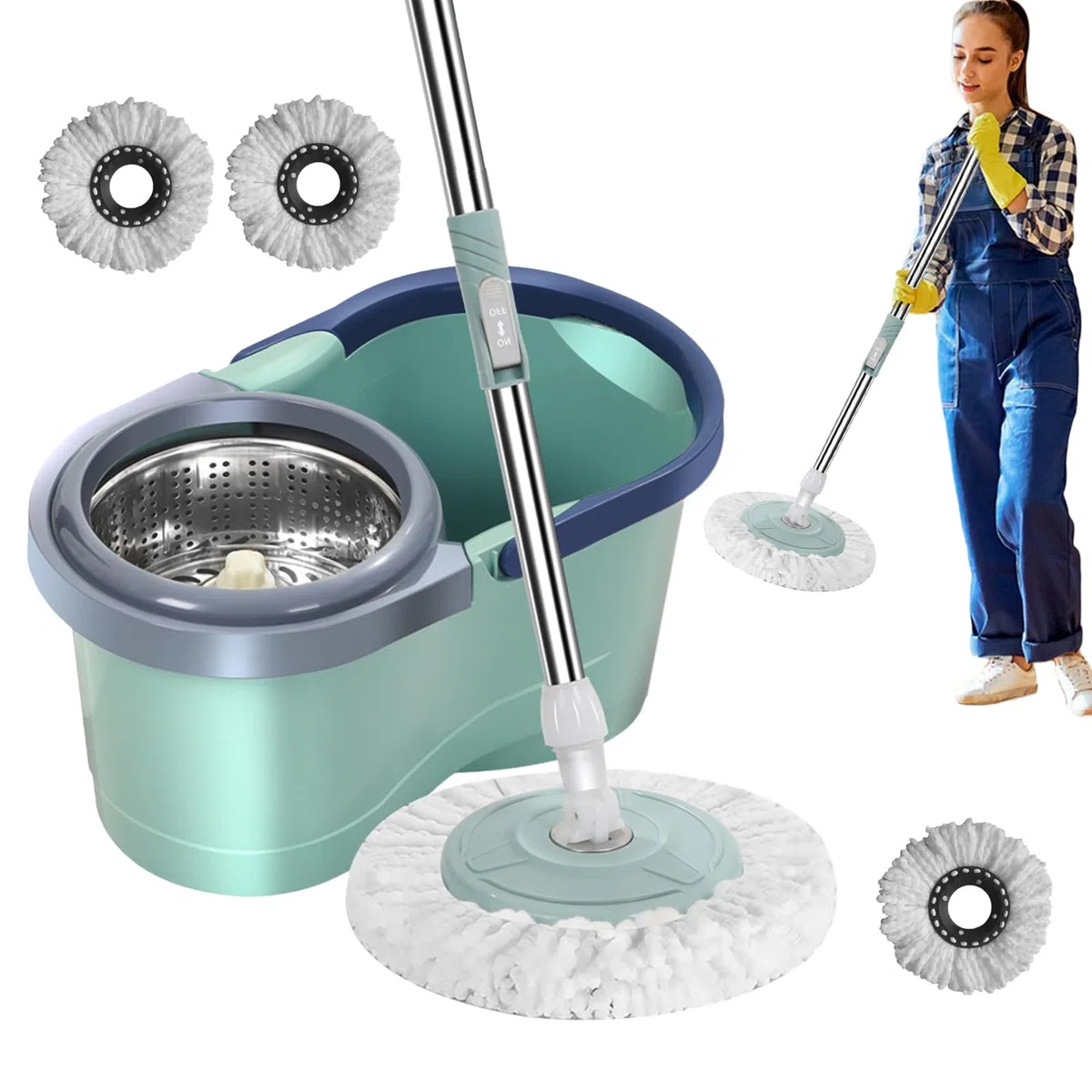 Scopa centrifuga con strizzatore, scopa per pavimenti – scopa automatica per la pulizia della casa – Testa rimovibile per la pulizia della casa – Pulitore per la casa per cucina, soggiorno, camera da