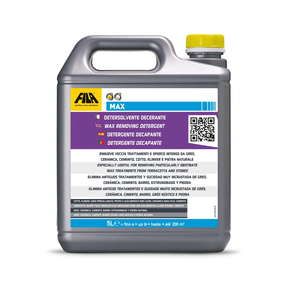 FILA Surface Care Solutions, MAX, Detersolvente e Decerante per Cotto, Klinker, Gres, Cemento, Ceramica Smaltata, Pietraed Agglomerati non Lucidi, 5L