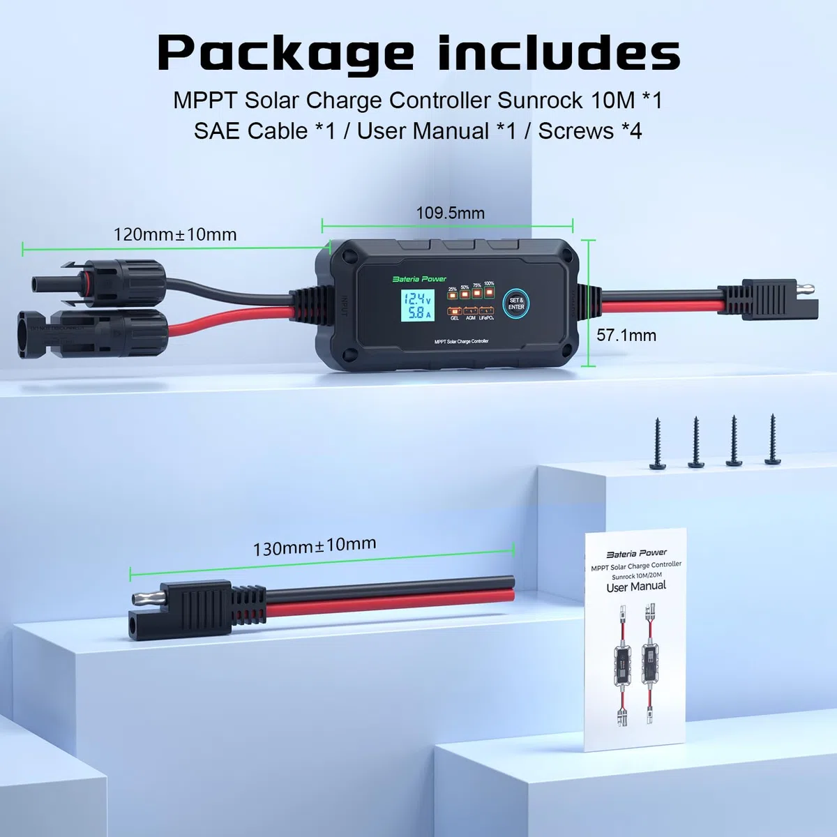 Bateria Power Regolatore di carica solare MPPT 10 A, 12 V, intelligente con display LED e LCD, compatibile Li-ion, AGM, LiFePO4
