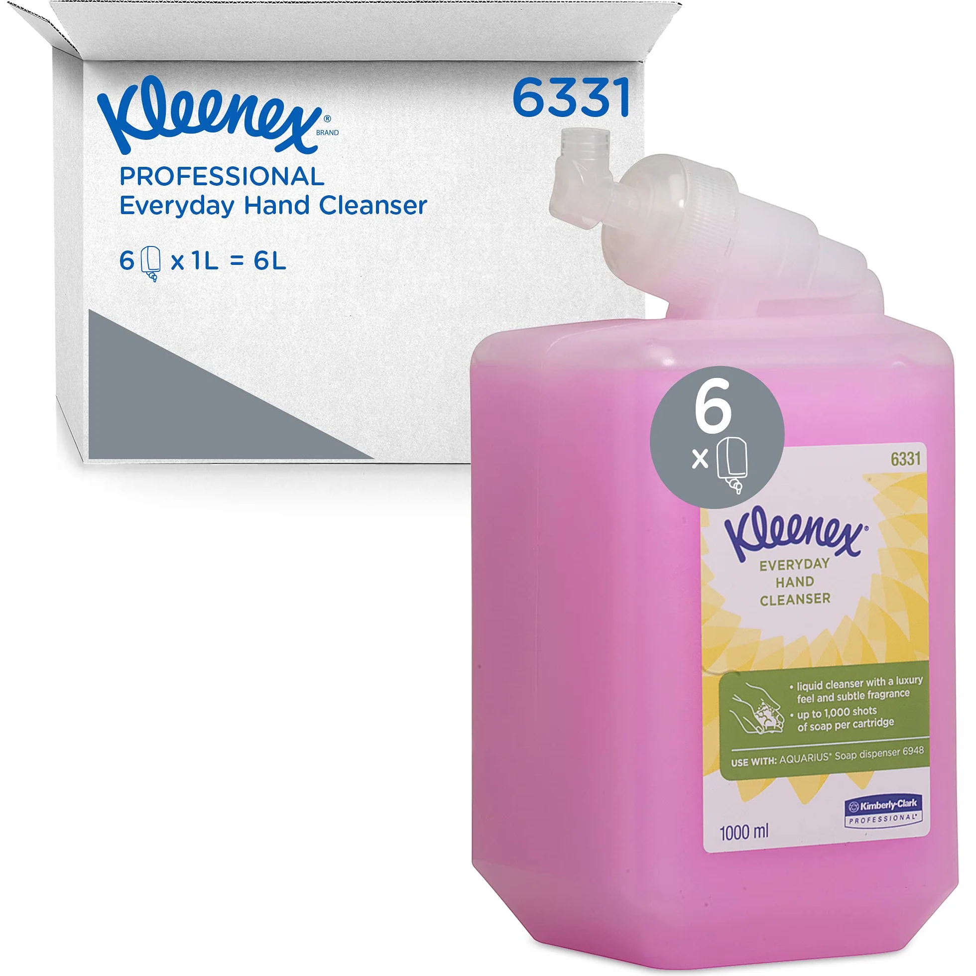 Kleenex Detergente per Mani 6331, Per Uso Quotidiano, Per Servizi Igienici Molto Frequentati, 6 Flaconi x 1L, 6.000 Erogazioni Totali