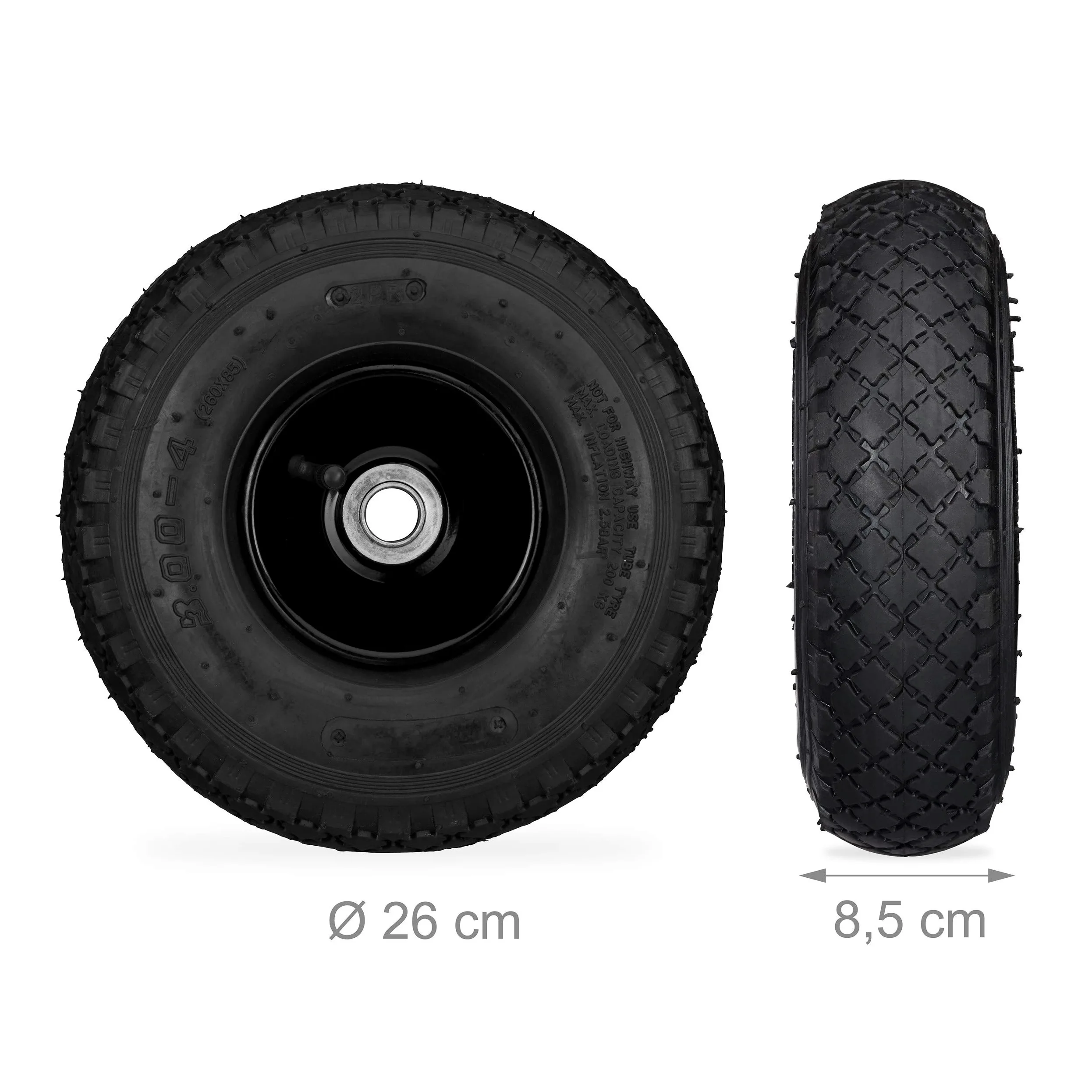 Relaxdays Set di 4 Ruote 3.00-4 per Carriola, ad Aria, 260x85 mm, Cerchione in Acciaio, Max. 100kg, Nero