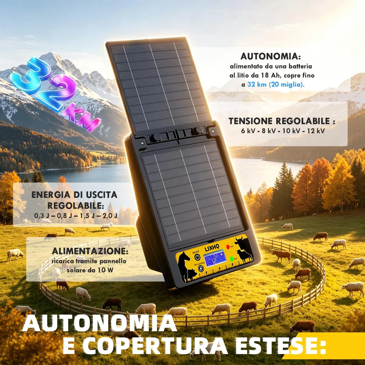 Elettrificatore per Recinti Solare per Portata 32 KM, Batteria al Litio 18000mAh, Elettrificatore con Pannello Solare 10W, 0.3-2J, 6KV-12KV Regolabile, Protezione per Pollame, Bestiame (Nero)