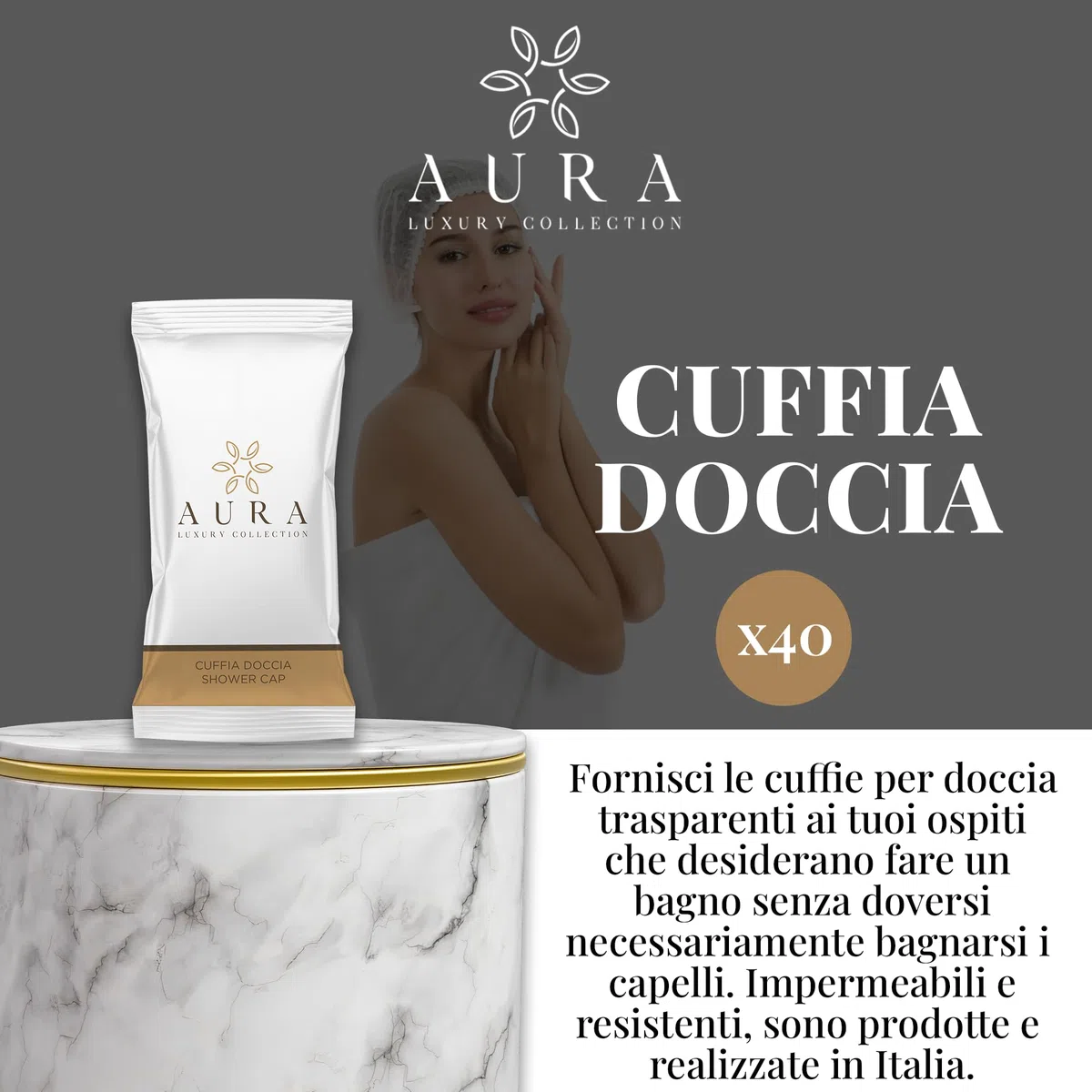 Aura Luxury Collection Kit Cortesia 250 pezzi: 70 flaconi doccia shampoo, 70 flaconi igiene intima, 40 cuffie, 50 bicchieri cartoncino imbustati, 20 paia di pantofole + OMAGGIO 500 fasce garanzia WC