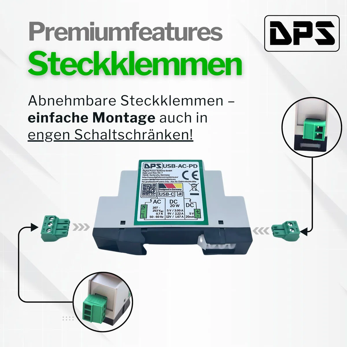 DPS – Alimentatore di rete USB-C 230 V AC, 20 W Power Delivery – 5 V/9 V/12 V – con protezione da cortocircuito e sovratensione – Qualità industriale