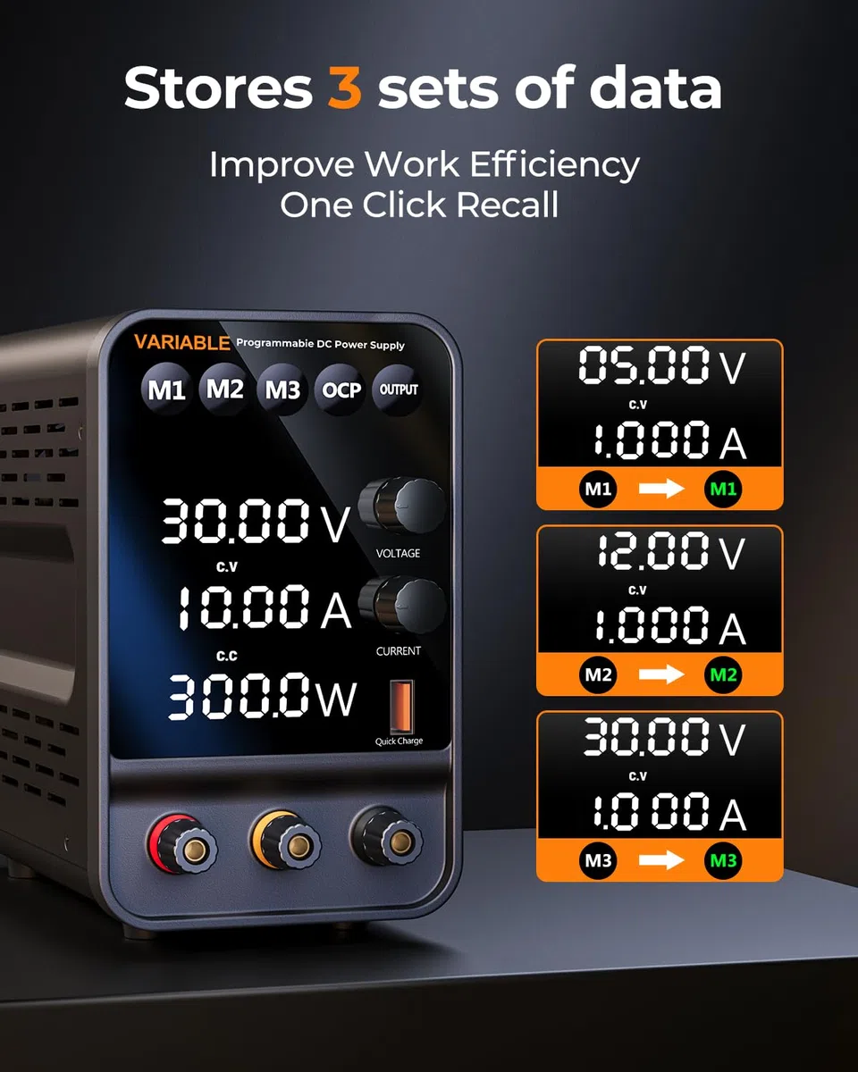 Alimentatore da banco, 30 V 10 A Encoder Alimentatore da Laboratorio Regolabile, Display LED a 4 Cifre, Con Porta di Ricarica 5V/3.6A USB, Pulsante OutputT,Manopola Encoder,Alimentatore Switchin