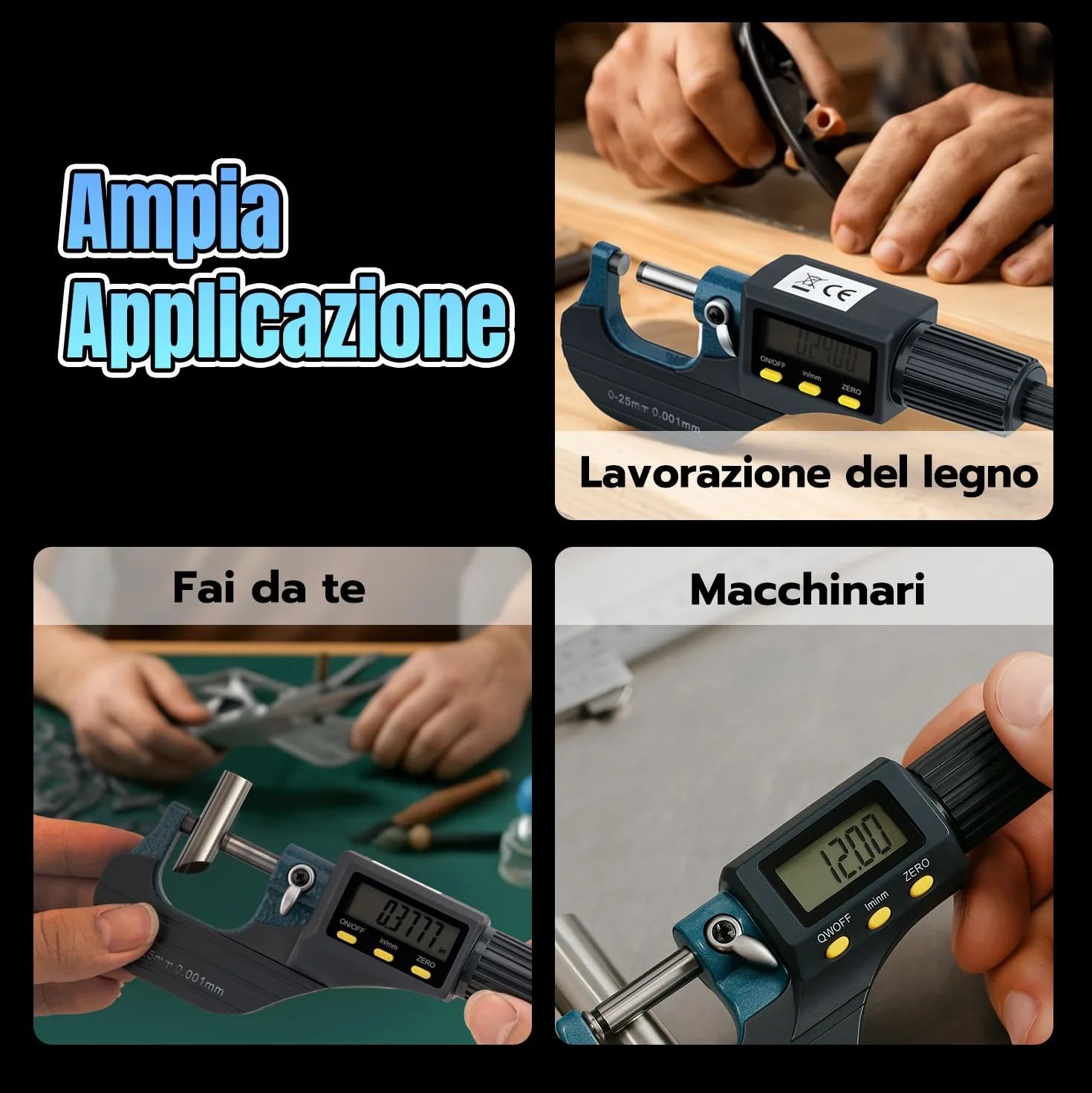 Micrometro Digitale 0-25mm Calibro Micrometrico Esterno Display LCD Risoluzione 0,001mm Conversione Metrica/Pollici