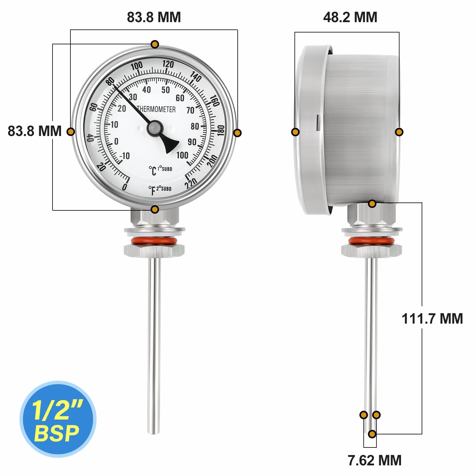 MEANLIN MEASURE Termometro bimetallico 1/2" BSP 3.3" Dial 4.4" Stelo in acciaio inossidabile -10~100℃/0~220℉