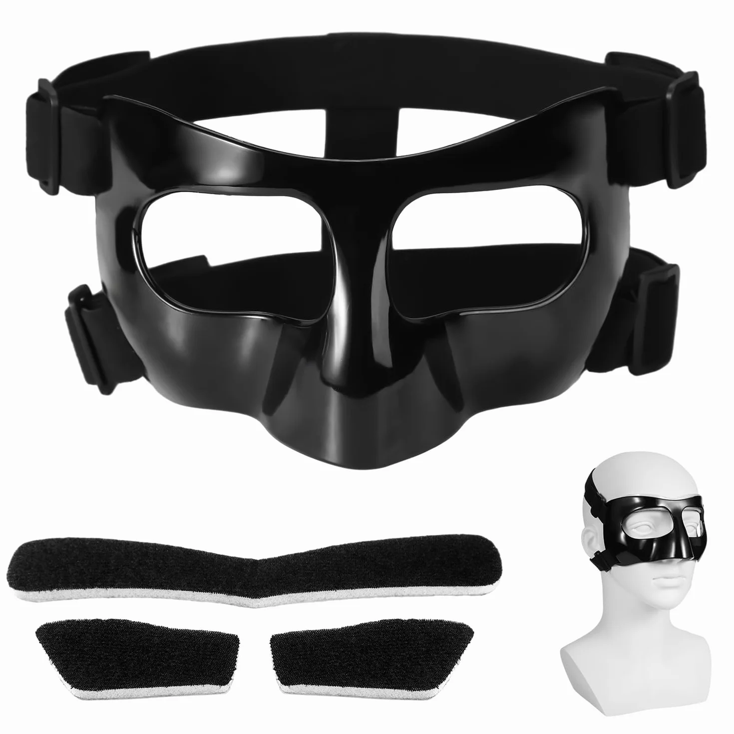 Protezione per Naso Rotto, 15x9,5cm Visiera Regolabile con Cuscinetti, Maschera per Allenamento Sportivo, Nero