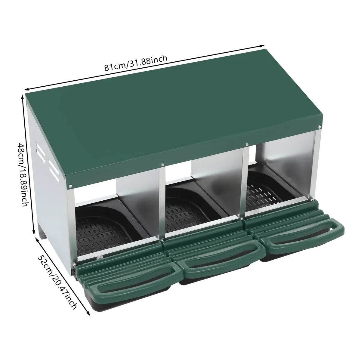 Nido per polli, 3 scomparti, con nido rotolabile per uova, zincato, con protezione per raccogliere le uova, montaggio a parete, 3 posti per stalla, con ventilazione (81 x 52 x 48 cm) (verde)