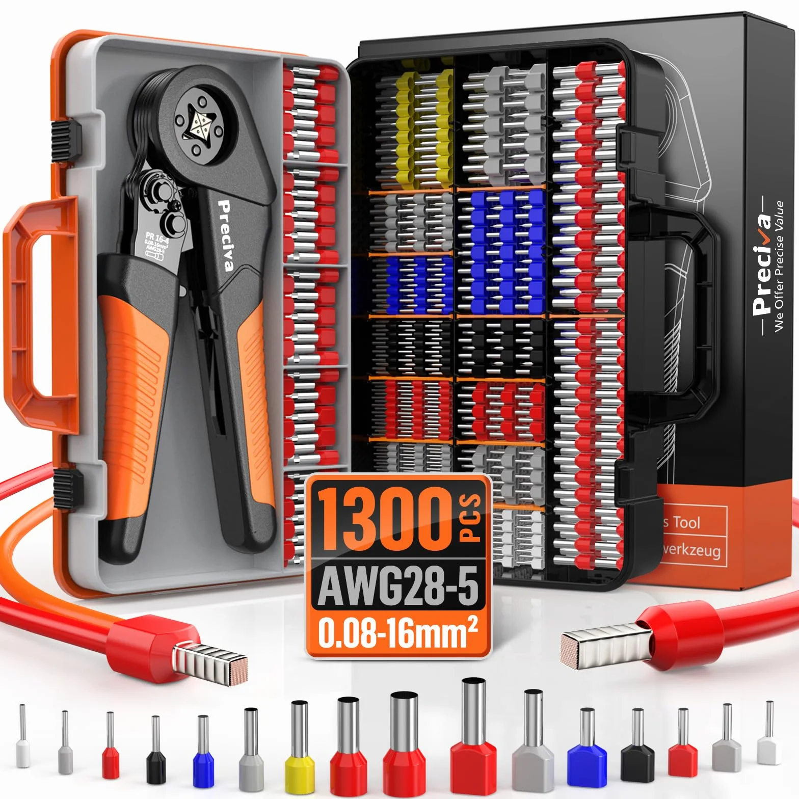 Preciva Pinza Crimpatrice 0,08-16 mm² con 1300 ghiere a filo singole e doppie, set di pinze per capicorda, regolabili, per l'industria, pinze a crimpare per il fai da te
