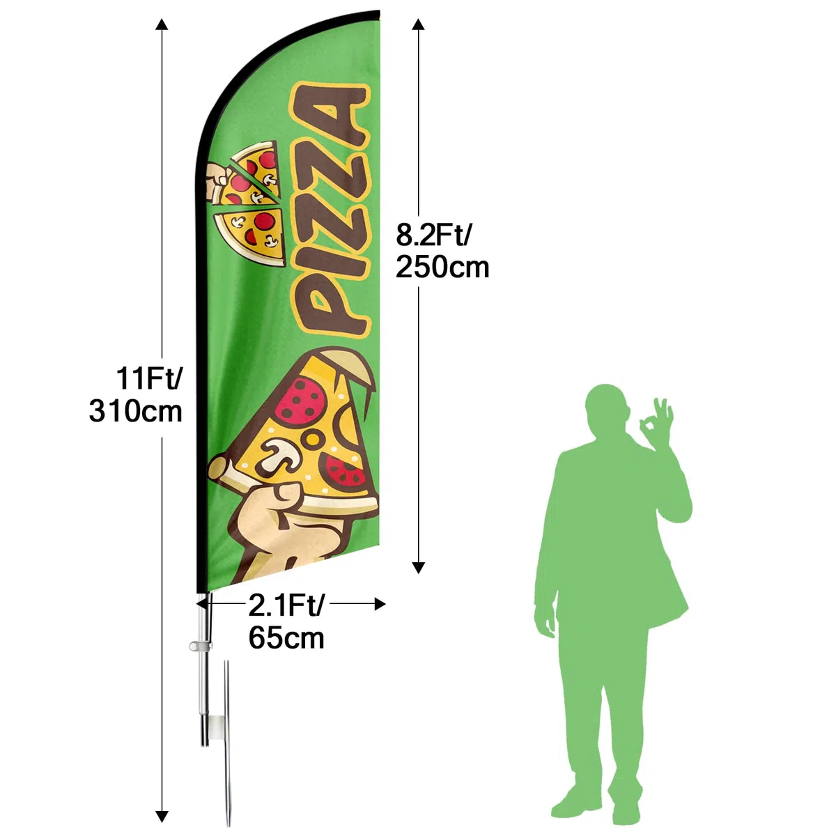 Bandiera pubblicitaria con pizza, 3,9 m, con kit di aste, picchetto, cartello con piume per aziende e vetrine (stile 1)