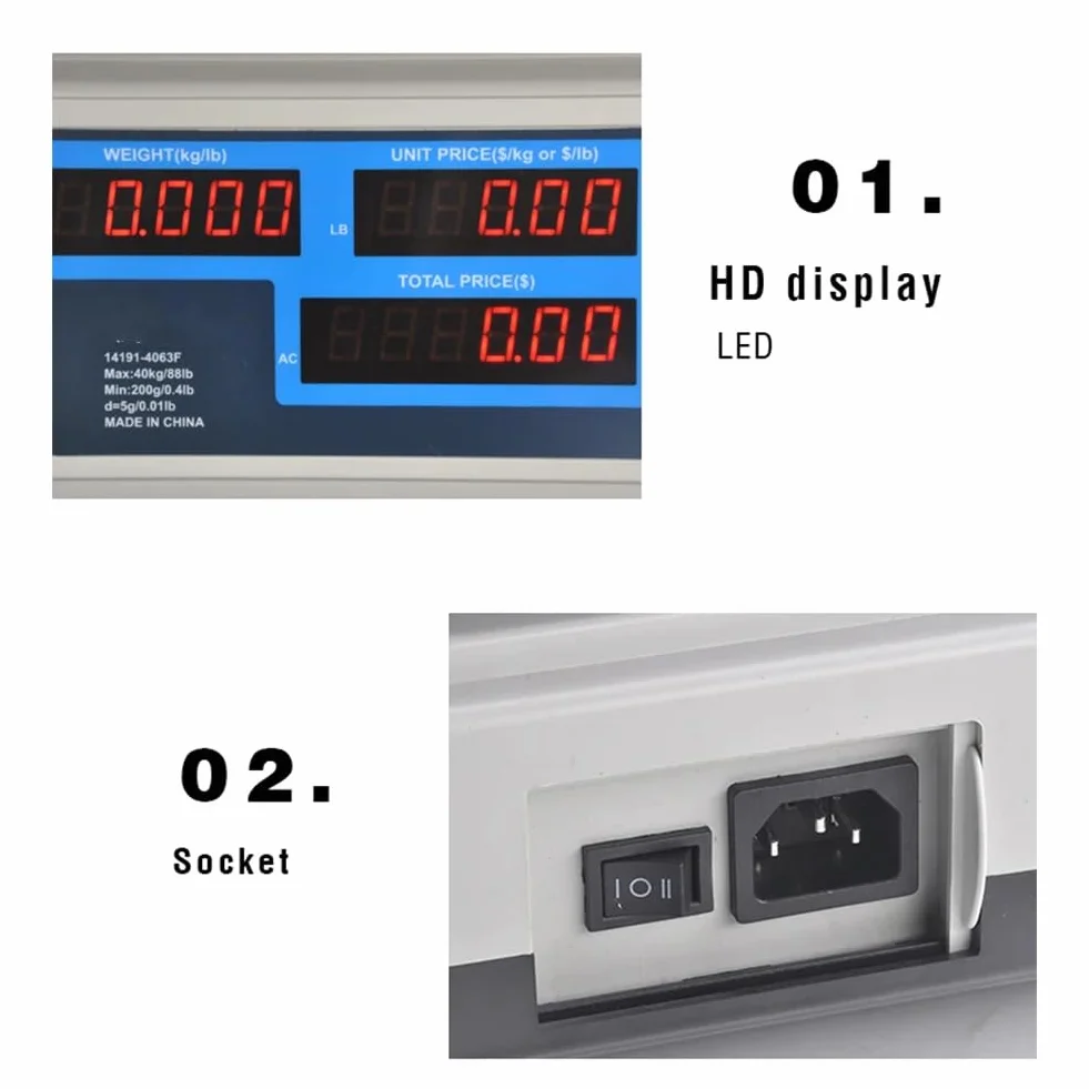 Bilancia Elettronica Professionale 40kg - Display LED, Alta Precisione, Piatto in Acciaio Inox, Batteria Ricaricabile Bilancia da Banco Adatta per Alimenti e Commercio,
