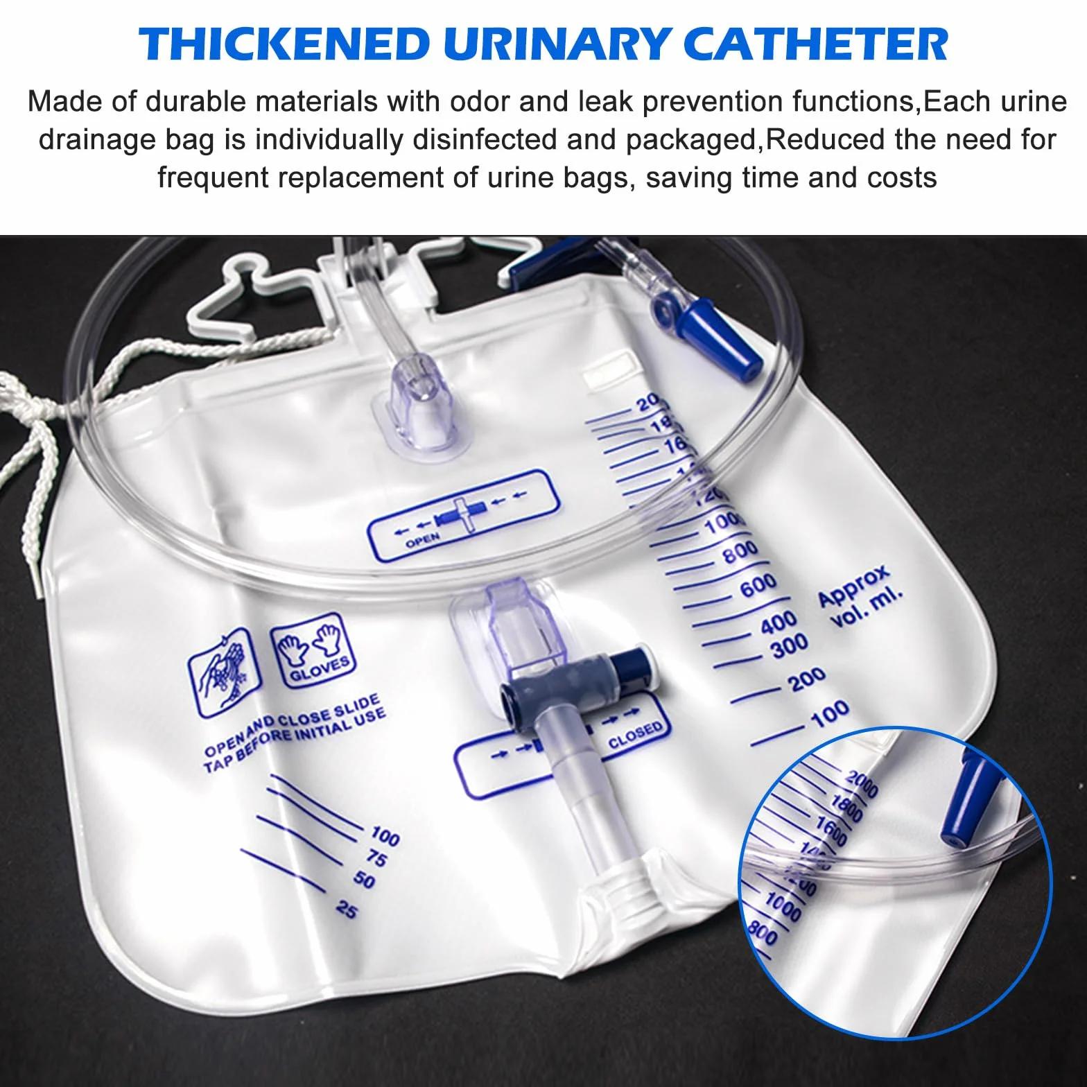 Sacchetti per urina 2000 ml con tubo 1 m, sacchetti per catetere incontinenza, sistemi drenaggio chiusi scala leggibile