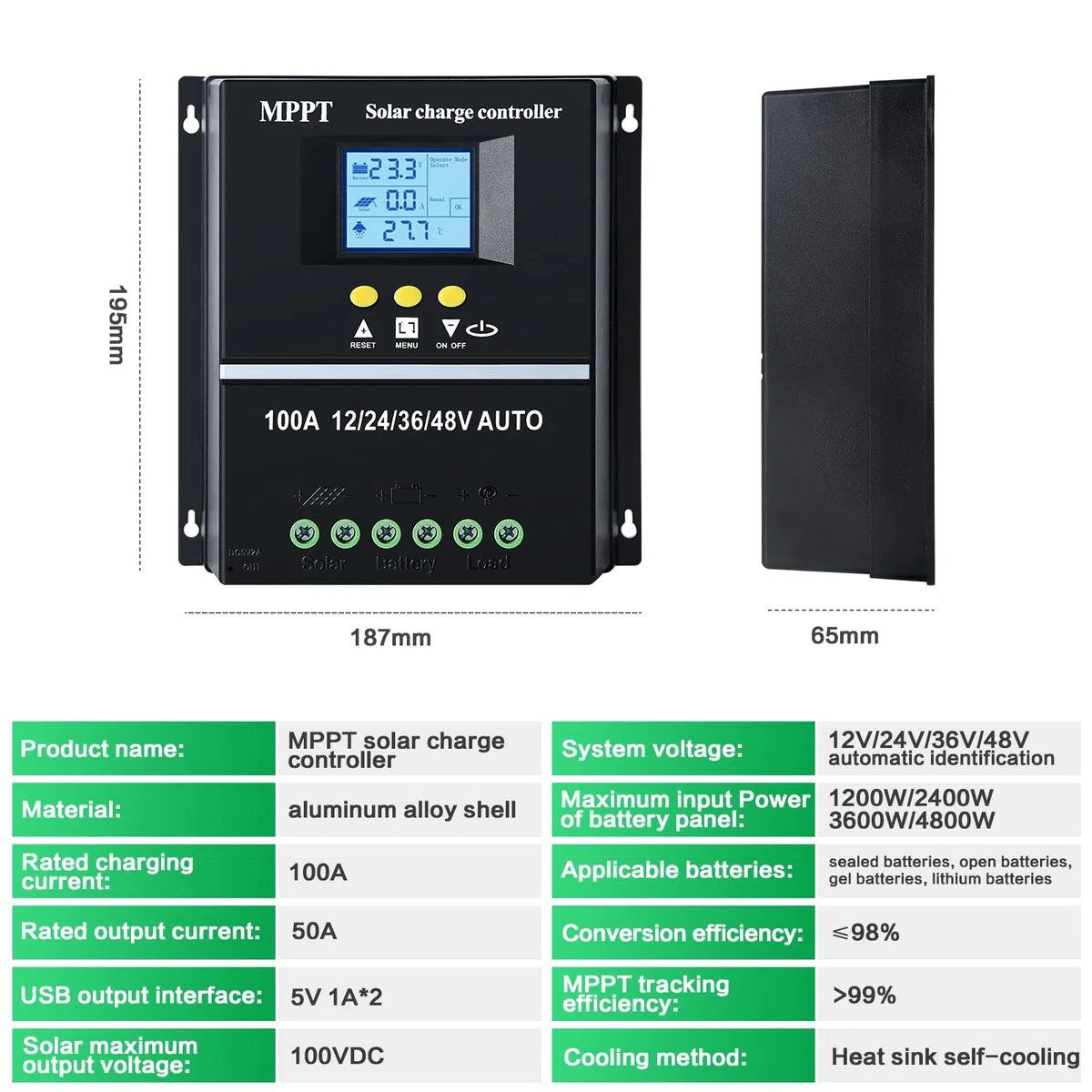 Regulateur de charge solaire mppt 100A 12V 24V 36V 48V Regolatore di carica MPPT Auto ID Display LCD Ingresso massimo 100VDC, piombo/acido/litio Doppia USB Nero.