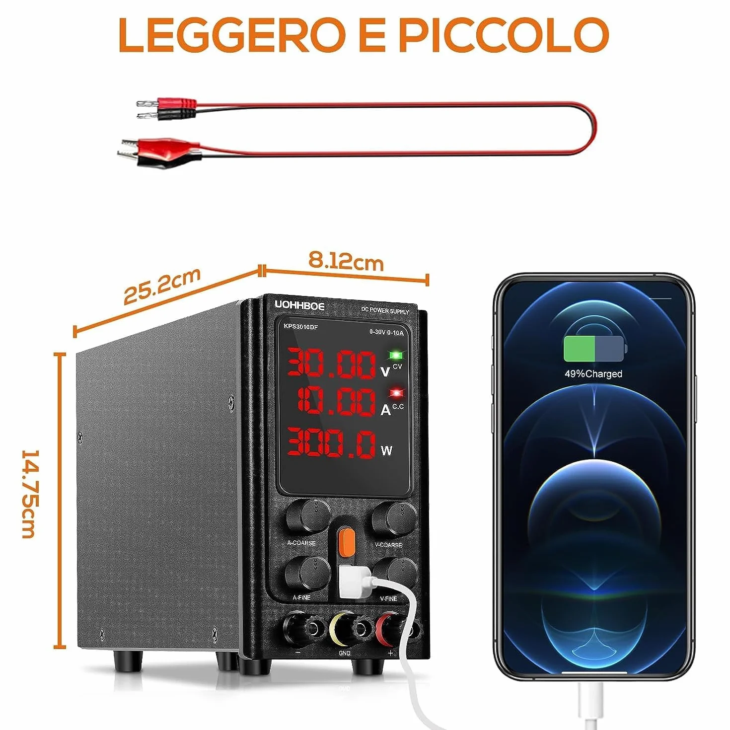 UOHHBOE Alimentatore da Labotorio Alimentatore Stabilizzato Banco 30V 10A Alimentatore DC Regolabile con 4 Cifre Display LED, Regolazioni Grossolane e Fini, Ricarica 5V/2A USB Linea di Prova