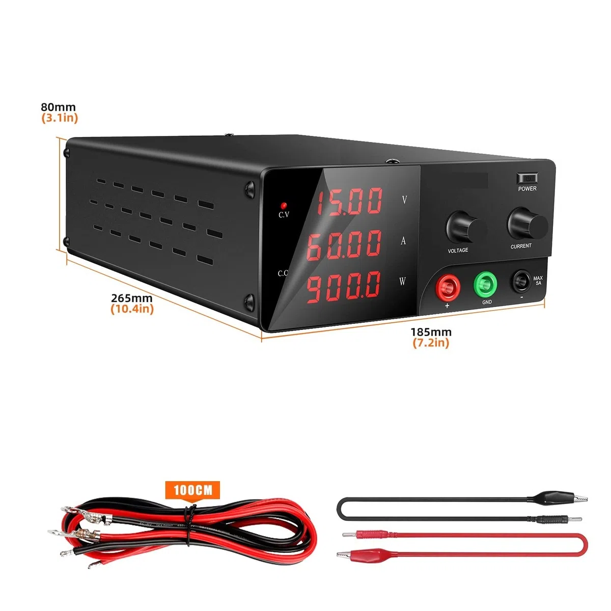 Alimentatore da Banco, 15V 60A 900W Alta Precisione Regolabile LED Commutazione Alimentatore CC Laboratorio 30V 30A 20A 100V 5A(Noir,15V 60A)