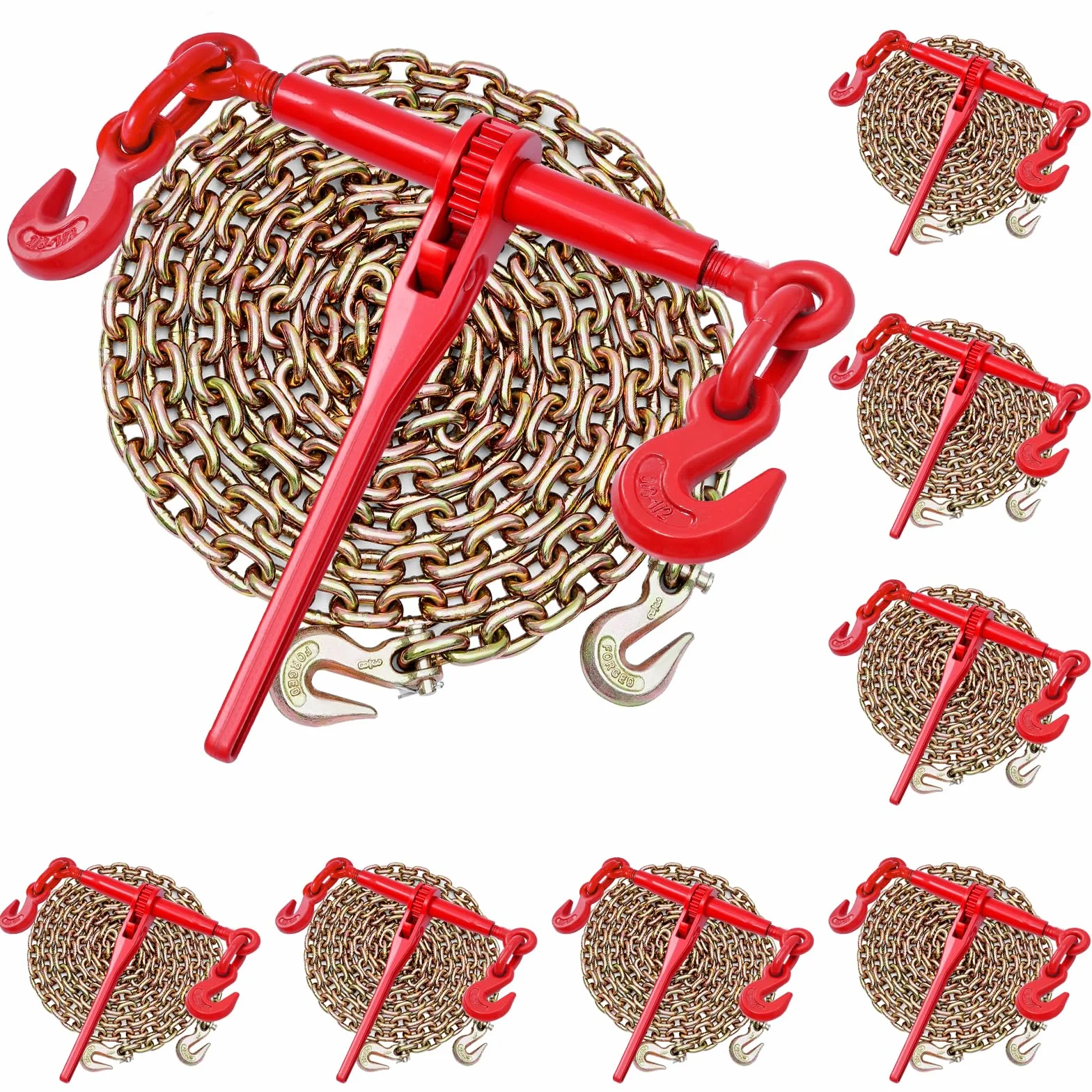 VEVOR Tenditore a Cricchetto con Catena di Ancoraggio G80 da 10 mm x 3 m, 8 pezzi, Carico max. 4173 kg, Ancoraggi per Catene di Trasporto, per Fissaggio di Carichi, Trasporto, Rimorchio