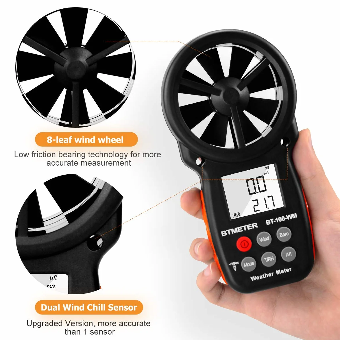 BTMETER BT-100WM Barometro Anemometro Digitale Palmare Temperatura Vento Freddo Umidità Altitudine Pressione Barometrica