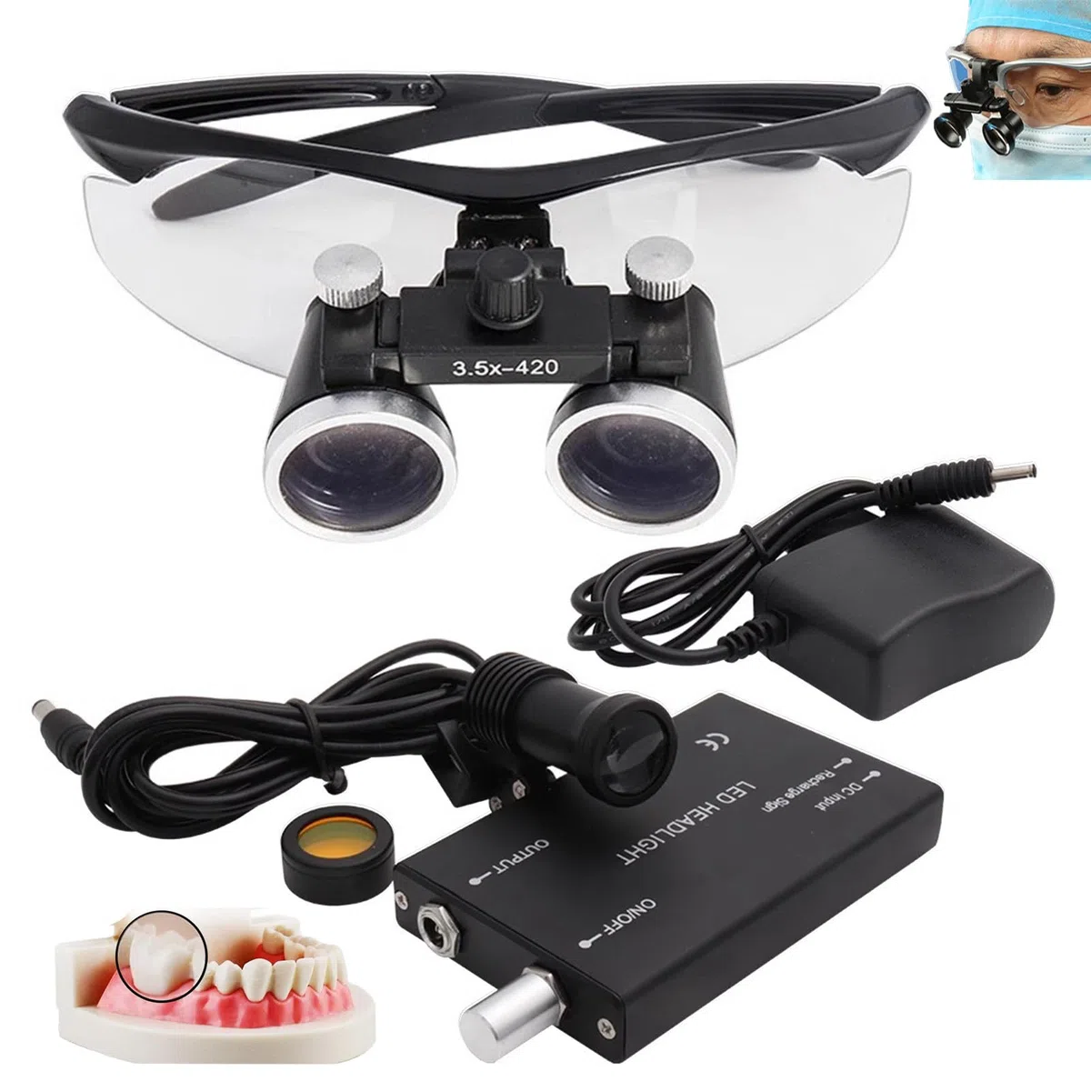 Lenti D'Ingrandimento Dentali 2,5X / 3,5X, Lenti D'Ingrandimento Binoculari Chirurgiche + Luce Frontale A Led Da 5W, Portatili Ultraleggere, Attrezzatura Da Laboratorio Per Dentista,Black-3.5X