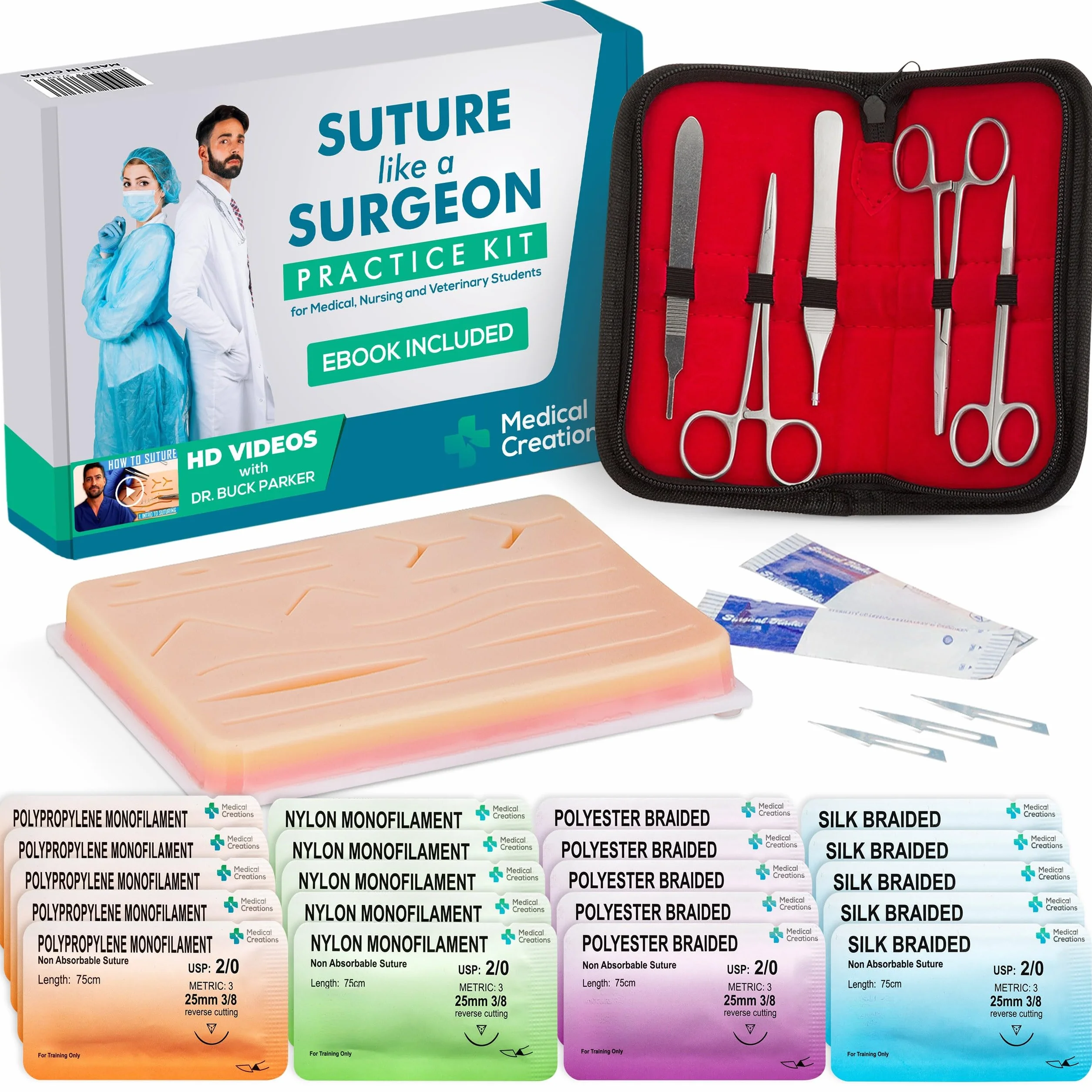 Kit di Pratica per Suture Medical Creations con Video in HD e Ebook inclusi (in inglese) - Cuscinetto di Sutura in Silicone Riutilizzabile con Kit di Strumenti per Studenti di Medicina