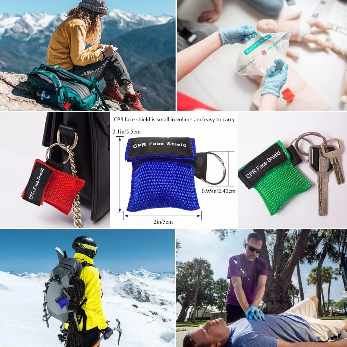 Set di 50 maschere RCP, usa e getta CPR Shield maschera di emergenza portachiavi con valvola unidirezionale barriera respiratoria per primo soccorso o allenamento AED