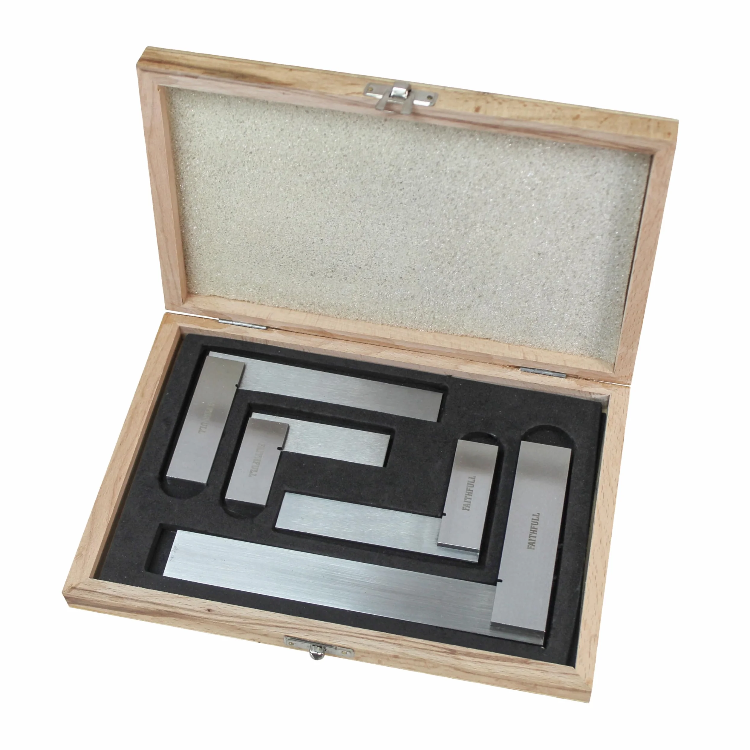 Set di squadre da officina Faithfull Engineers Steel, 4 pezzi - 50, 75, 100, 150 mm (2 pollici, 3 pollici, 4 pollici, 6 pollici), lama in acciaio temprato e rettificata di precisione, strumenti di marcatura, misurazione e tracciamento accurati in custodia