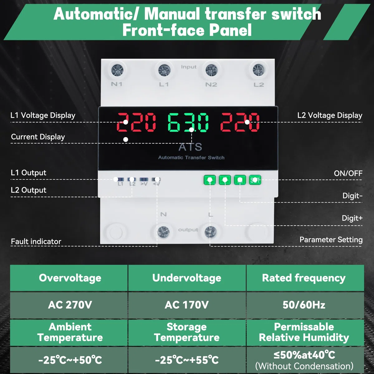 Interruttore di Trasferimento Automatico e Manuale 63A 220V Con Display Digitale, Valore Regolabile, Doppio Selettore di Alimentazione ATS per Generatori di Emergenza, Installazione guida DIN