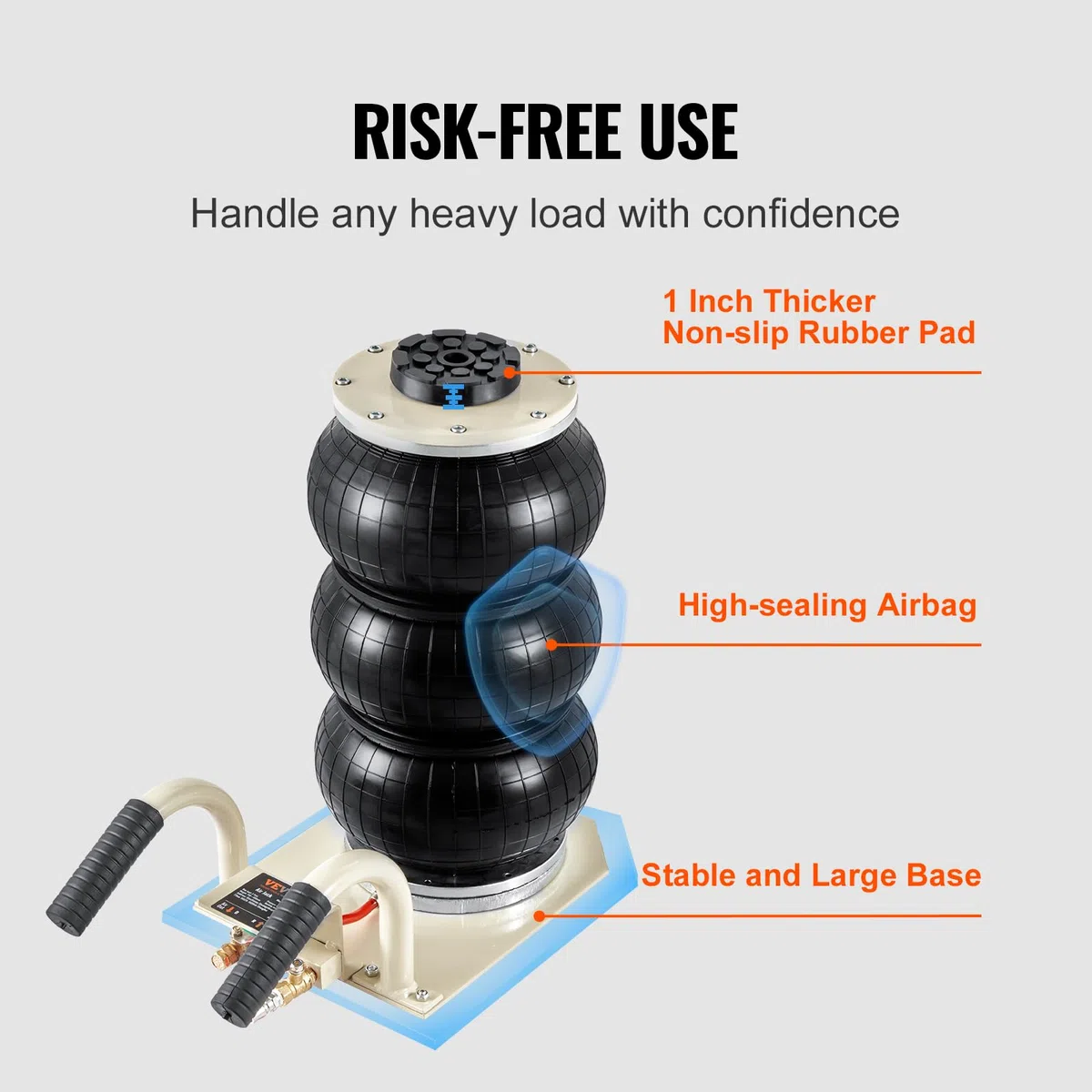 VEVOR Cric pneumatico portatile Triple Bag Air Jack 3 t, sollevatore d'aria a tre sacchetti, altezza di sollevamento: 140 – 450 mm, sollevatore d'aria airbag, sollevatore d'aria con manico corto,