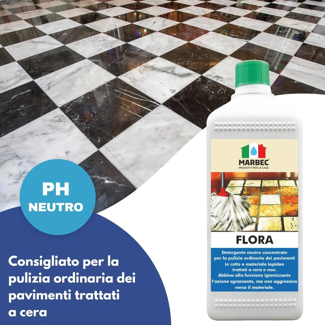 MARBEC FLORA 1LTX6PZ Detergente per pavimenti in cotto e materiali lapidei, ideale per la pulizia ordinaria di superfici trattate e non.