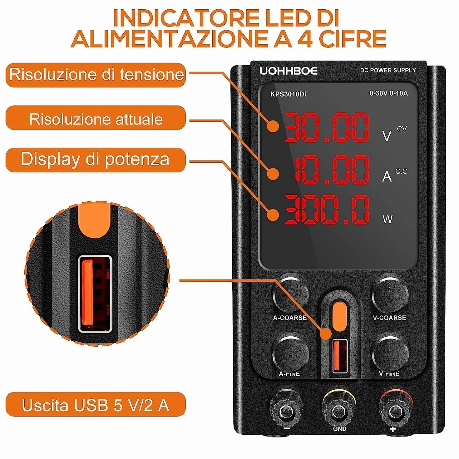 UOHHBOE Alimentatore da Labotorio Alimentatore Stabilizzato Banco 30V 10A Alimentatore DC Regolabile con 4 Cifre Display LED, Regolazioni Grossolane e Fini, Ricarica 5V/2A USB Linea di Prova