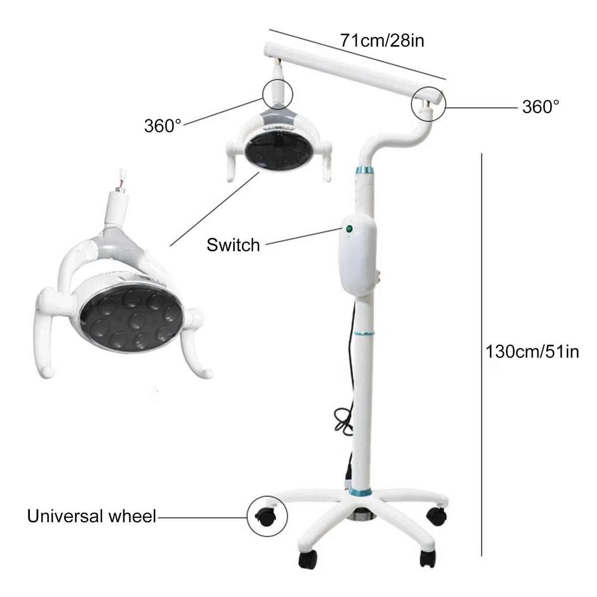 Lampada per Visita Medica Mobile da 30W, Lampada Scialitica Dimmerabile, Lampada per Visita Chirurgica, Apparecchiatura per Terapia Orale da Pavimento, con 9 Lampadine a LED