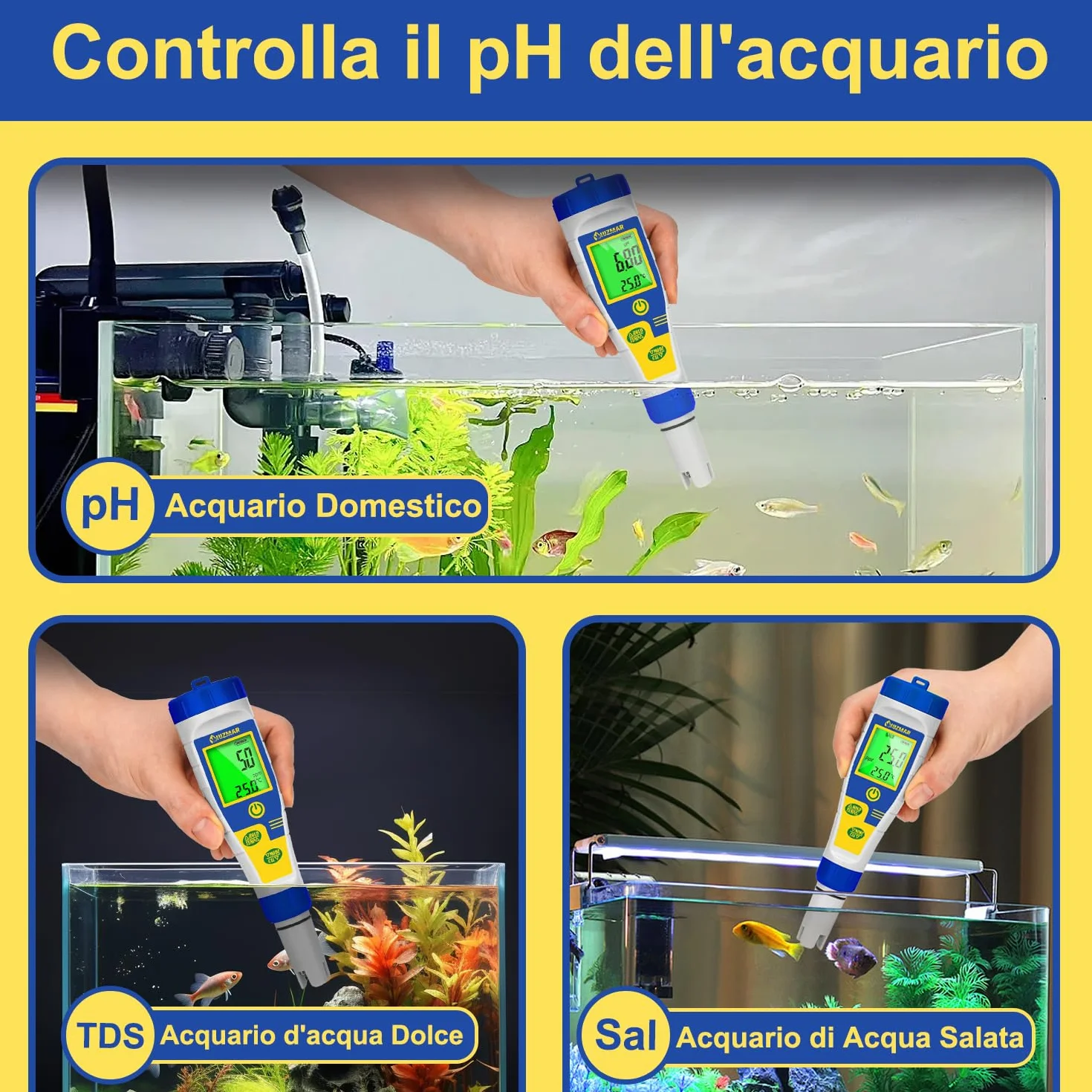 UIUZMAR Misuratore Salinità Acqua Piscina 5 in 1 pH Sale EC TDS Temp Digitale