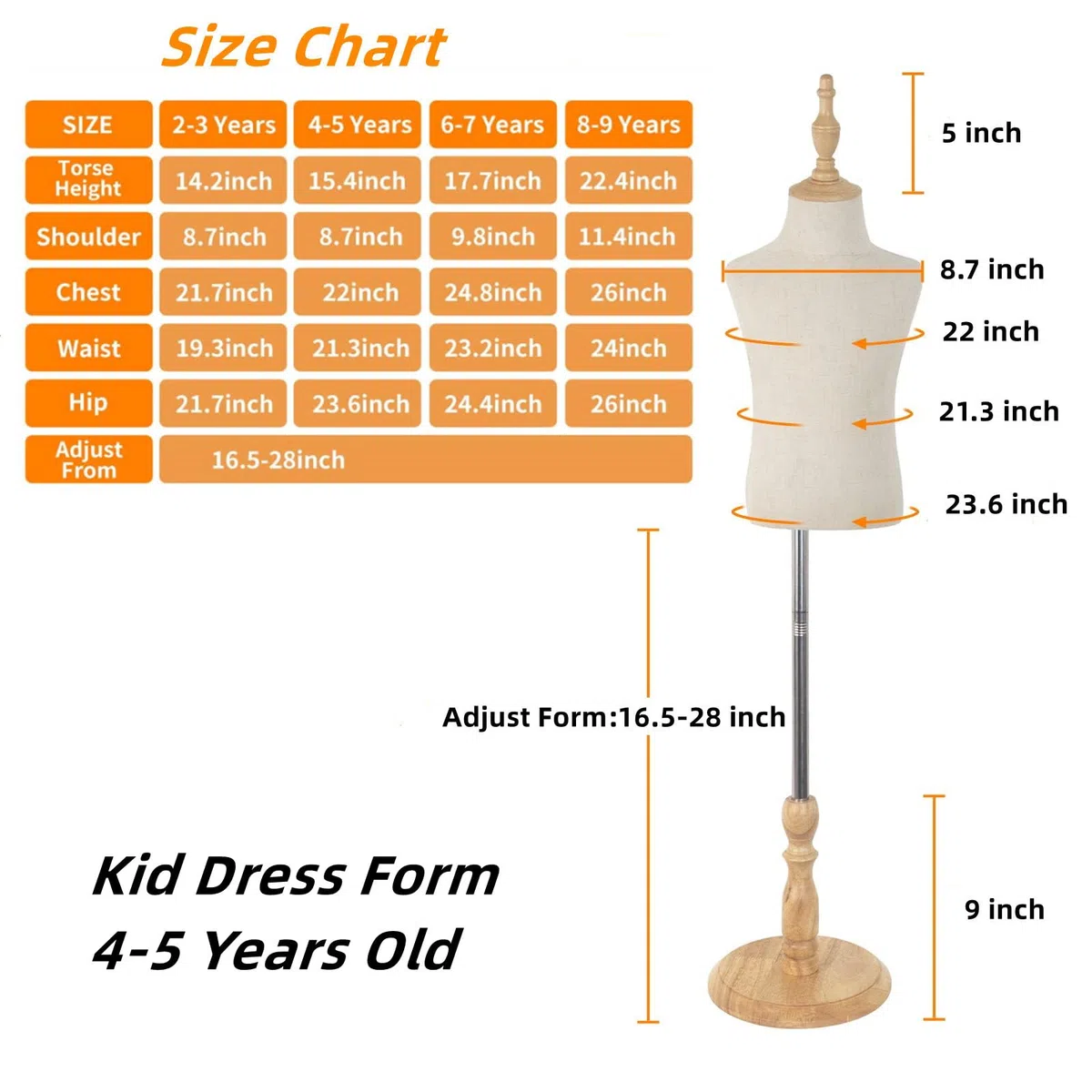 Manichino per bambini, forma di vestito da bambino con base in legno, forma regolabile per busto di ragazza e ragazzo, per abbigliamento, sciarpe, vetrine, negozi, 4-5 anni