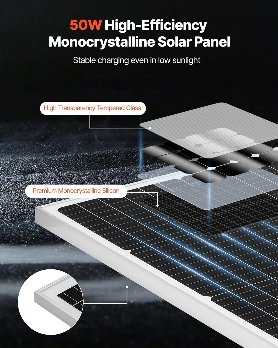 VEVOR Caricabatterie per Pannello Solare da 50 W e 12 V, Celle Monocristalline, Controllo MPPT Esterno, Staffa di Montaggio Regolabile, Impermeabile IP65, per Auto, Barche, Camper, Rimorchi