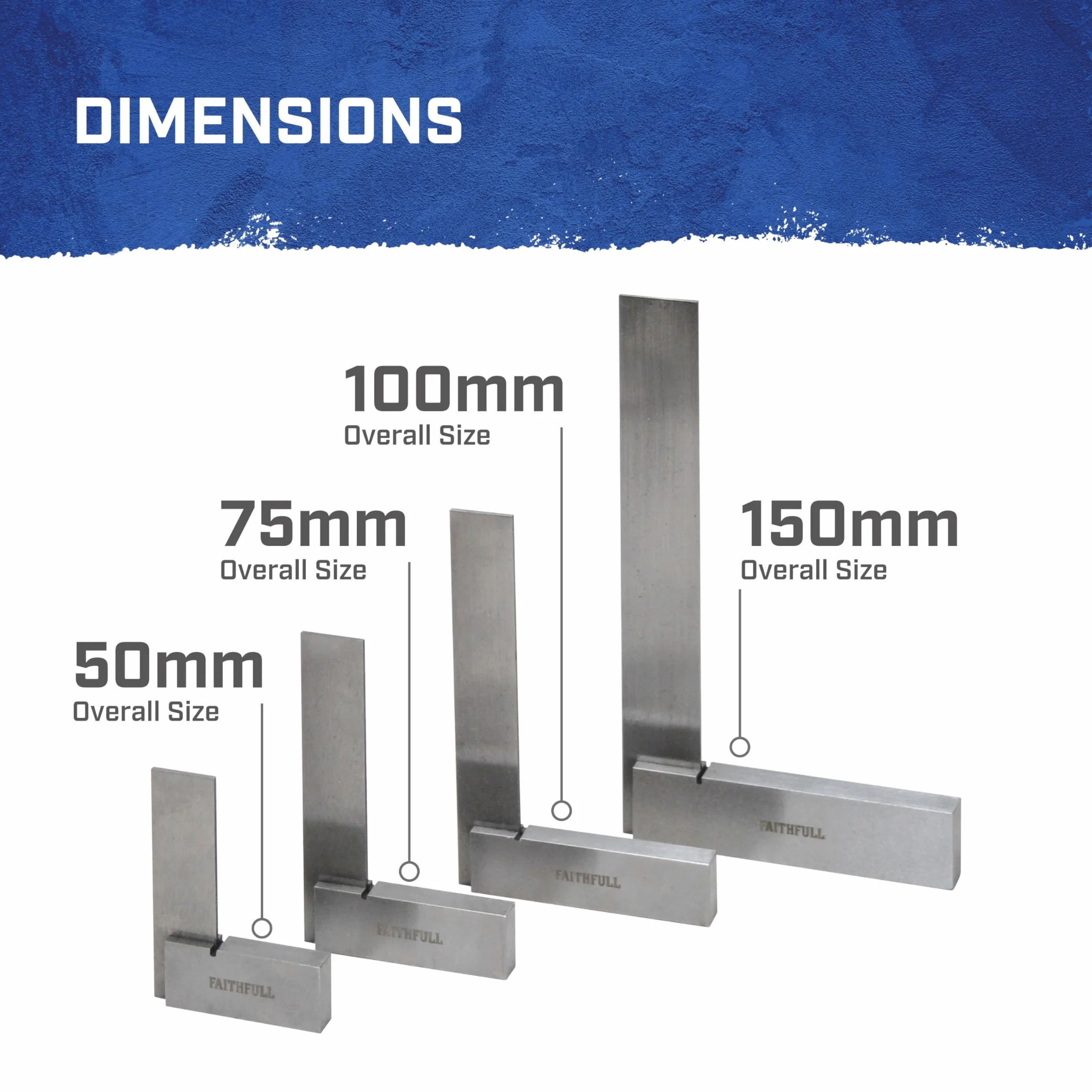 Set di squadre da officina Faithfull Engineers Steel, 4 pezzi - 50, 75, 100, 150 mm (2 pollici, 3 pollici, 4 pollici, 6 pollici), lama in acciaio temprato e rettificata di precisione, strumenti di marcatura, misurazione e tracciamento accurati in custodia