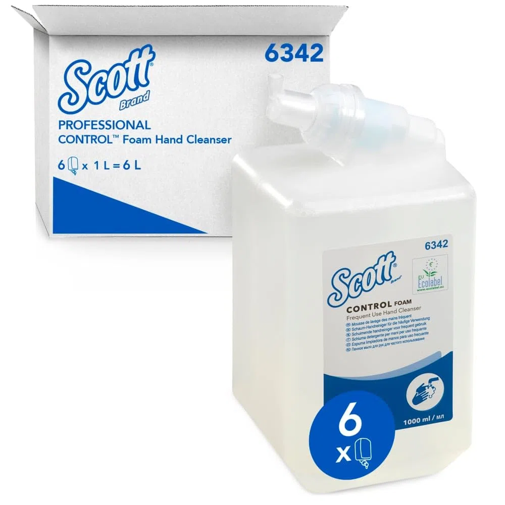 Scott Control 6342 Sapone per mani in schiuma per uso frequente, Sapone per mani in schiuma inodore, 6 ricariche di Sapone per mani trasparente da 1 litro, Totale 6 litri