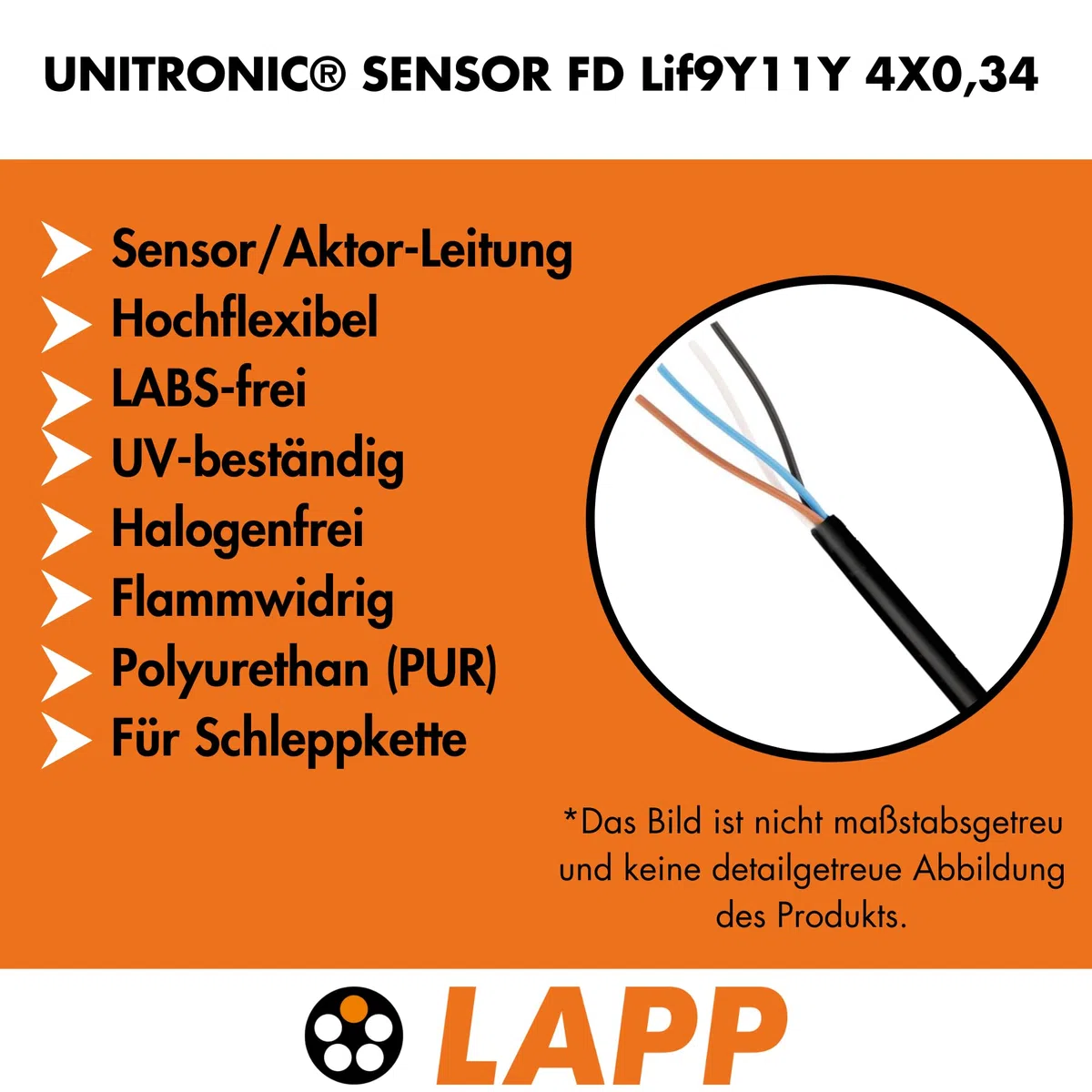 Lapp 7038865 - Cavo sensore Unitronic FD Lif9Y11Y, 4 x 0,34 mm², cavo dati altamente flessibile, resistente ai raggi UV, per catena da traino, 4 fili, colore nero