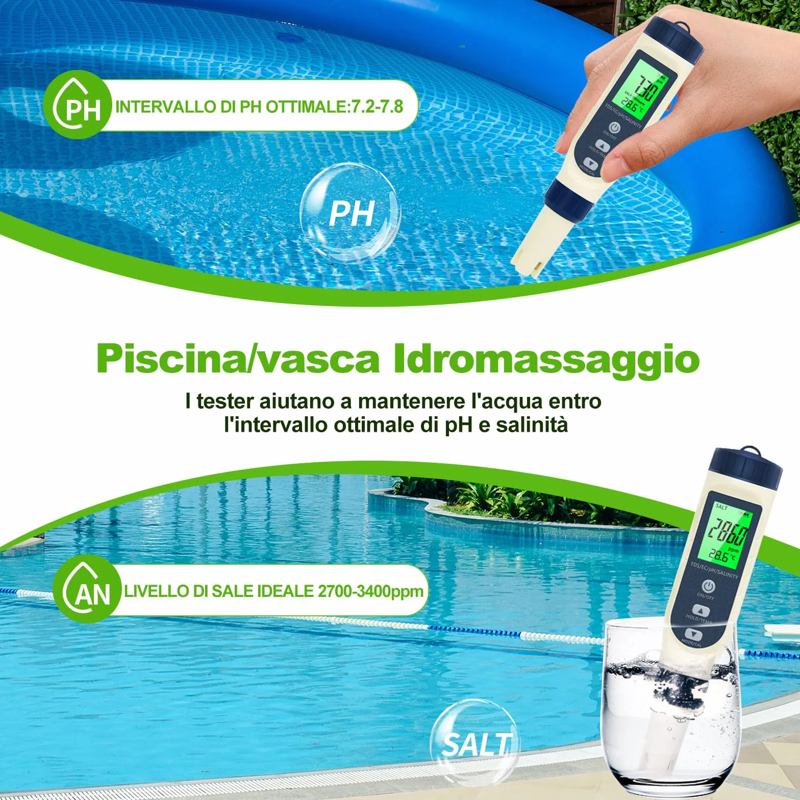 Pious Misuratore pH 5 in 1 TDS/EC/Salinità/Termometro Display LCD, Compensazione Automatica della Temperatura, per Coltura Idroponica Piscina