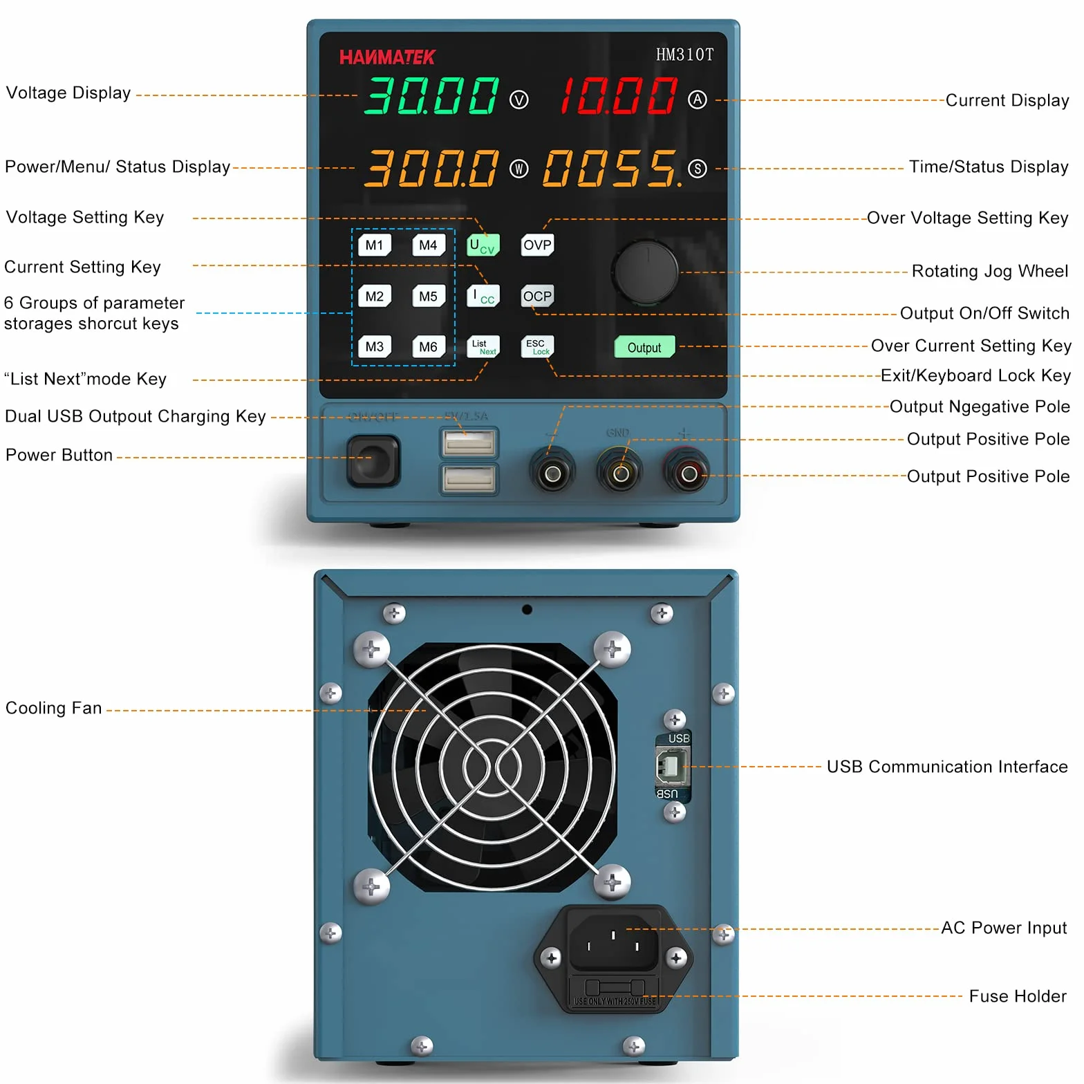 Alimentatore da Banco, Portabile Alimentatore Regolabile Laboratorio 0-10 A / 0-32 V, Memoria 6 Set Dati, Controllo del Computer e Pulsante, Funzionamento Automatico