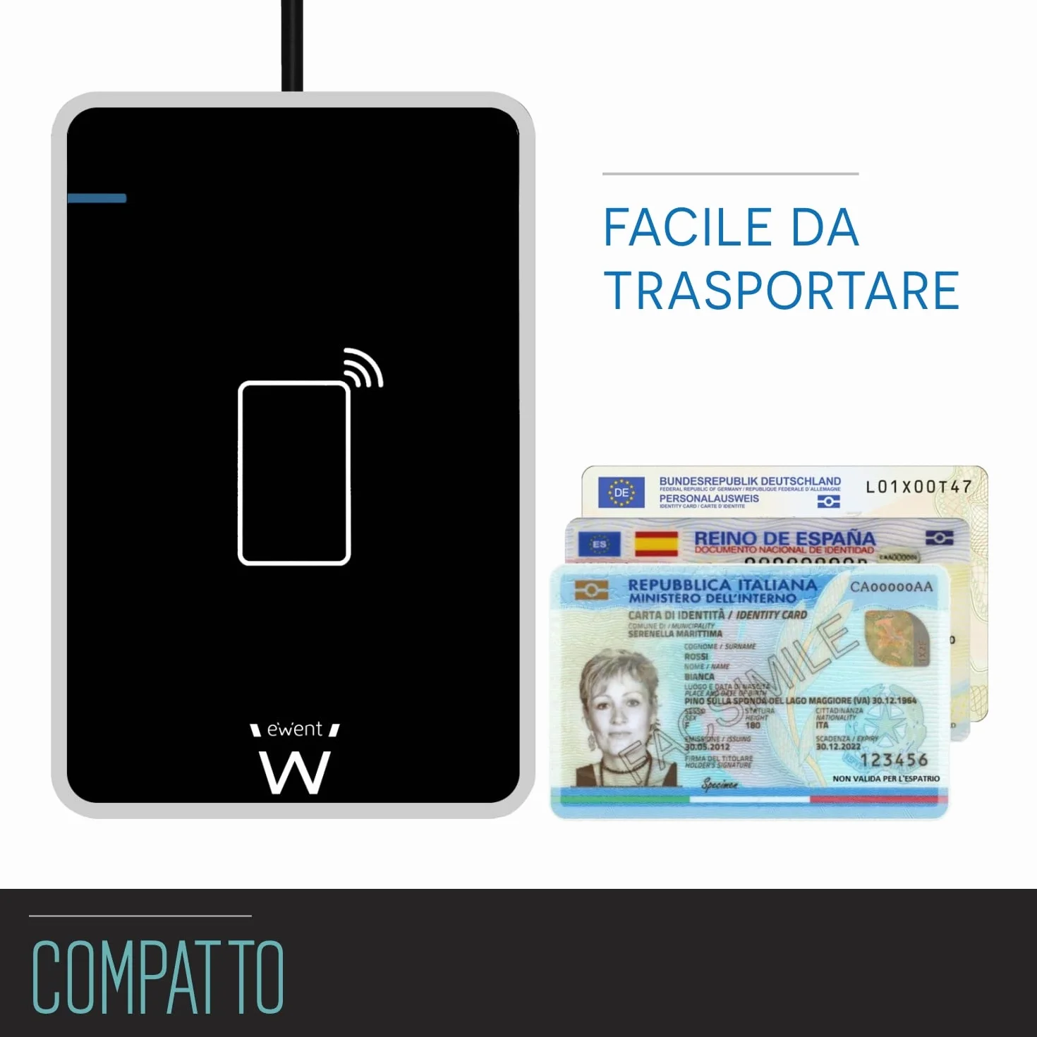 Ewent EW1053 Lettore RFID e NFC per Carta d'identità Elettronica CIE 3.0 per accedere a ANPR, INPS, INAIL, Agenzia Entrate e siti della P.A. - Colore Nero