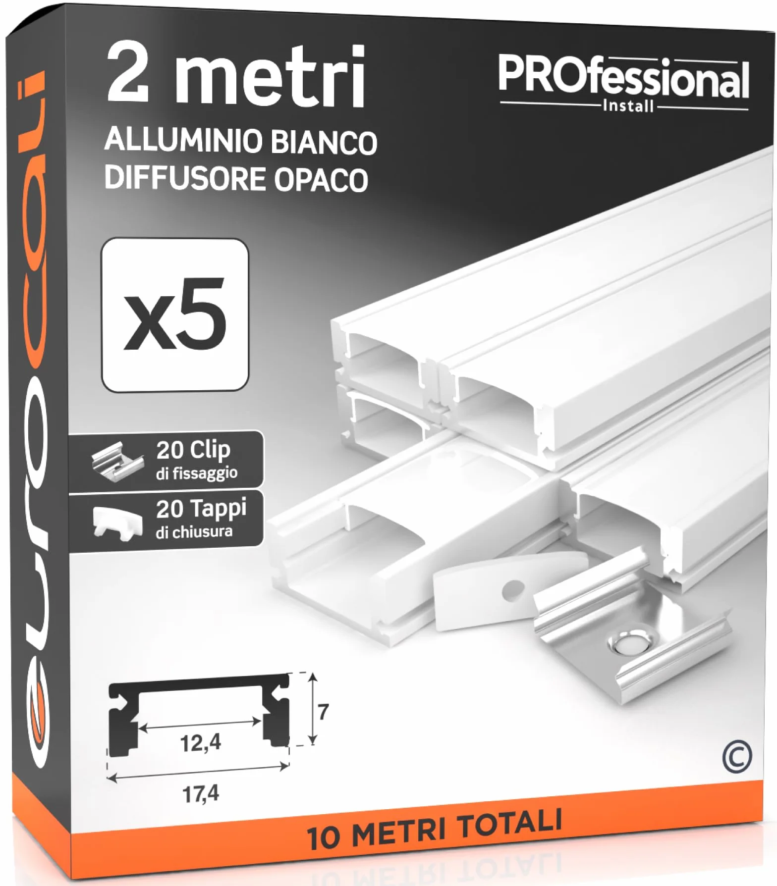 Eurocali Profili Alluminio Bianco per Strisce LED 2m 10mt Schermatura Opaca 12.4mm 17.4x7