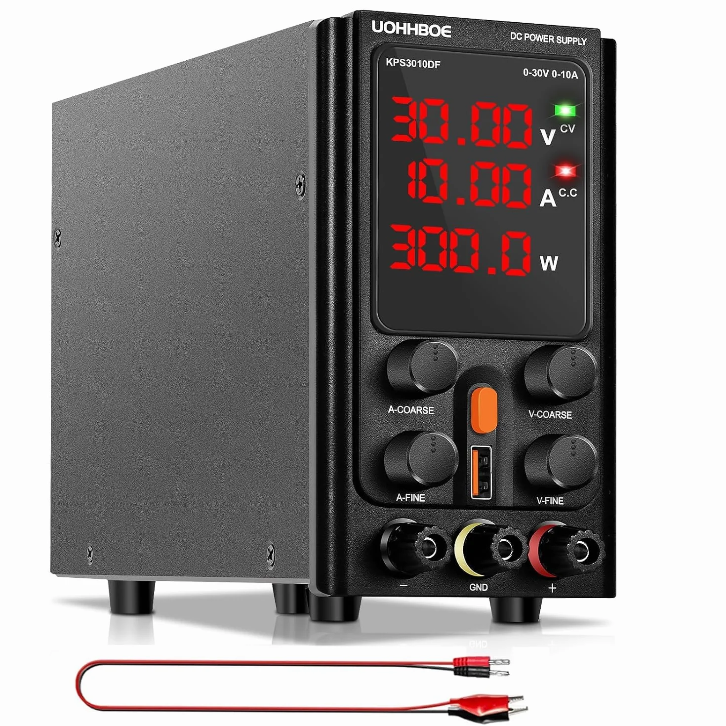 UOHHBOE Alimentatore da Labotorio Alimentatore Stabilizzato Banco 30V 10A Alimentatore DC Regolabile con 4 Cifre Display LED, Regolazioni Grossolane e Fini, Ricarica 5V/2A USB Linea di Prova