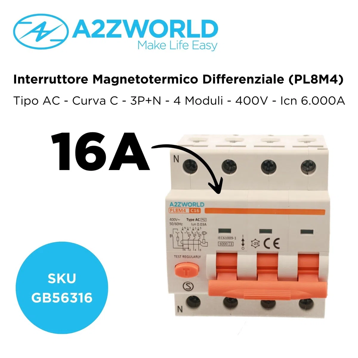 Interruttore Differenziale Magnetotermico Trifase 30mA 16A C16, RCBO Tipo AC Curva C, 3P+N 6kA 400V, Occupa 4 Moduli DIN